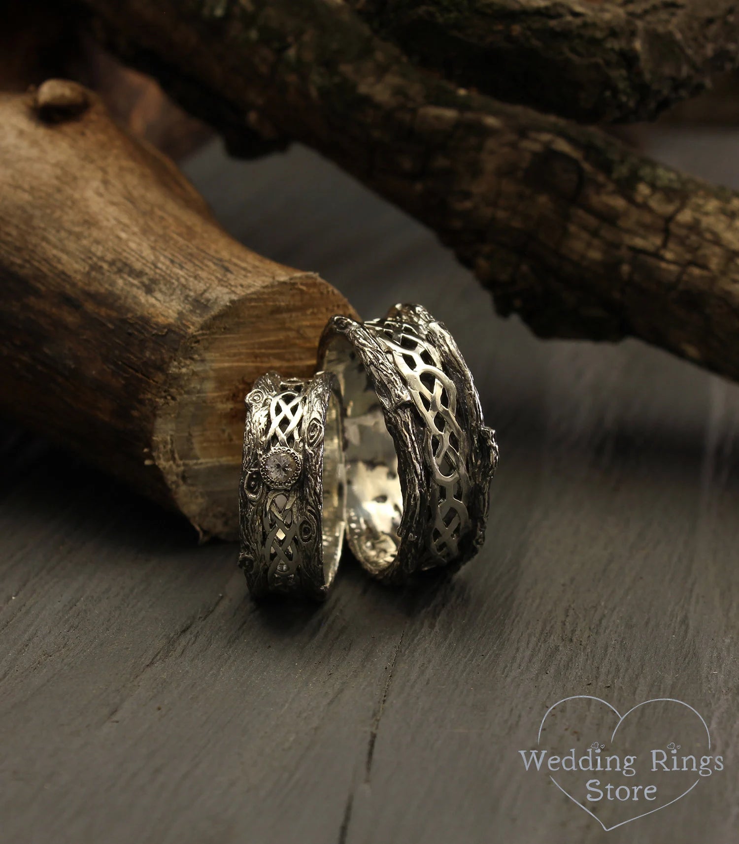Silver Tree bark Couple Celtic Wedding Bands Set with Gem