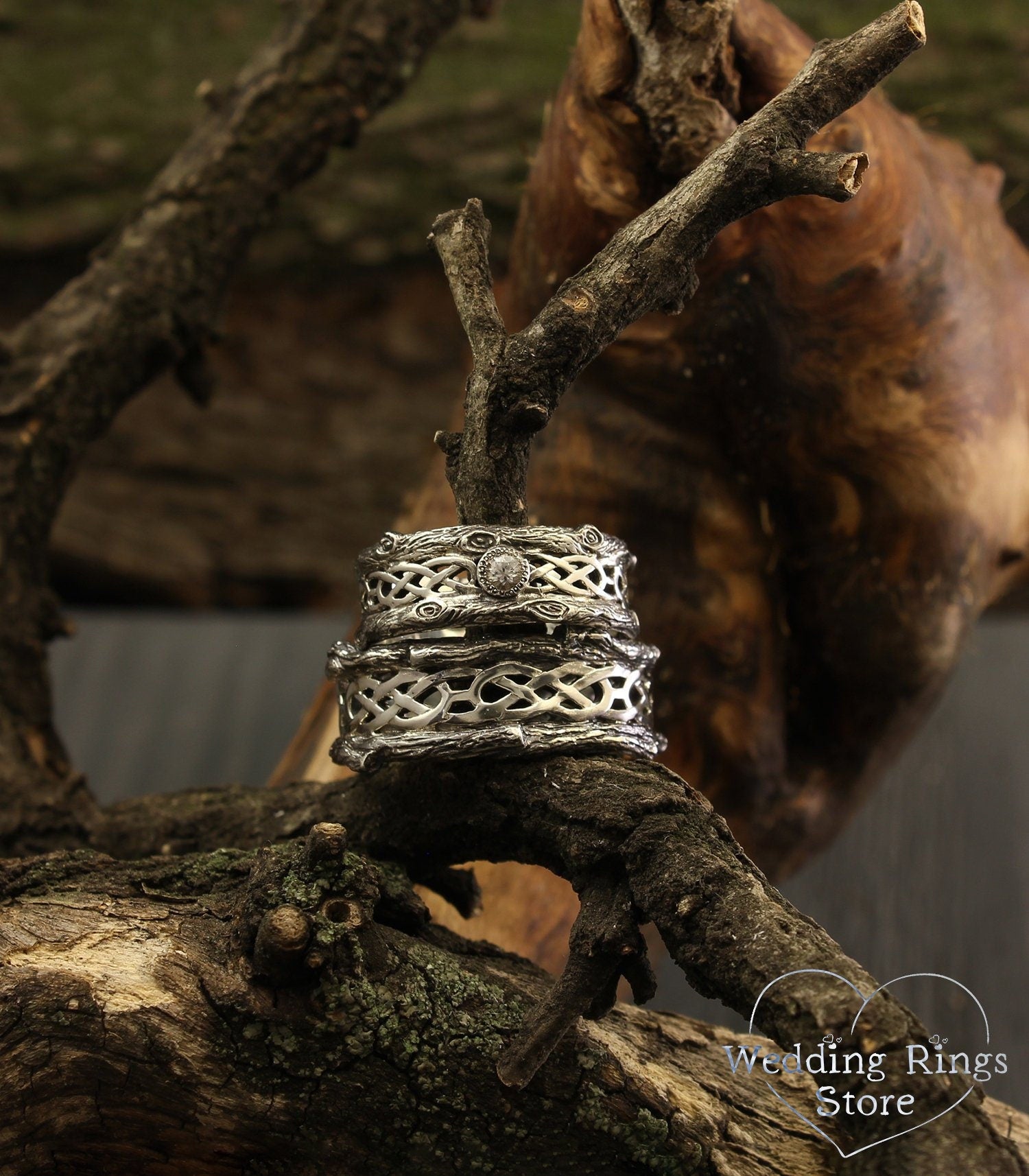 Silver Tree bark Couple Celtic Wedding Bands Set with Gem