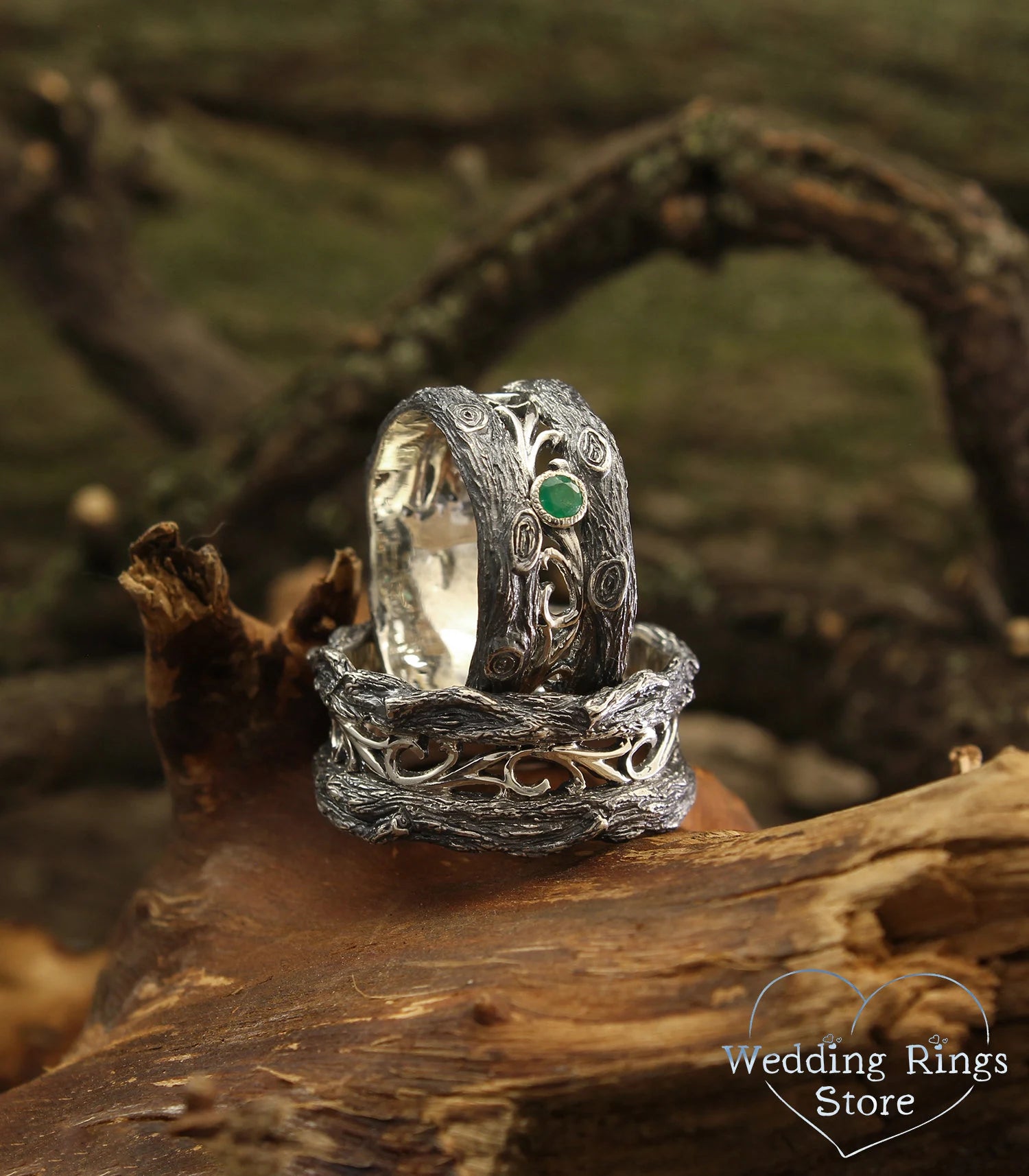 Unusual Forest Tree Silver Wedding Bands Set with Emerald