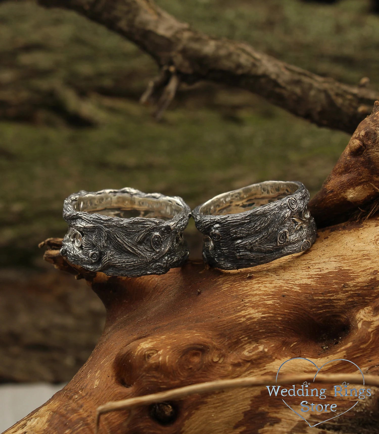 Unusual Forest Tree Silver Wedding Bands Set with Emerald