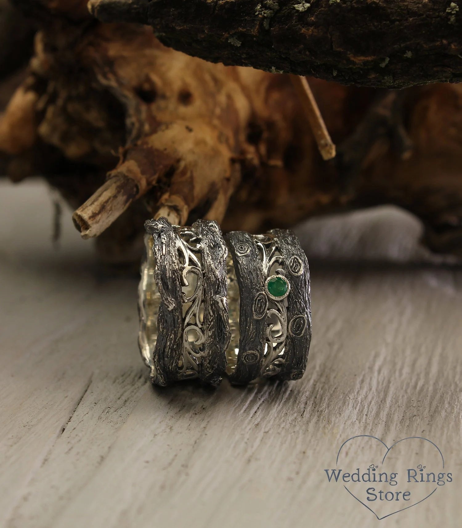 Unusual Forest Tree Silver Wedding Bands Set with Emerald