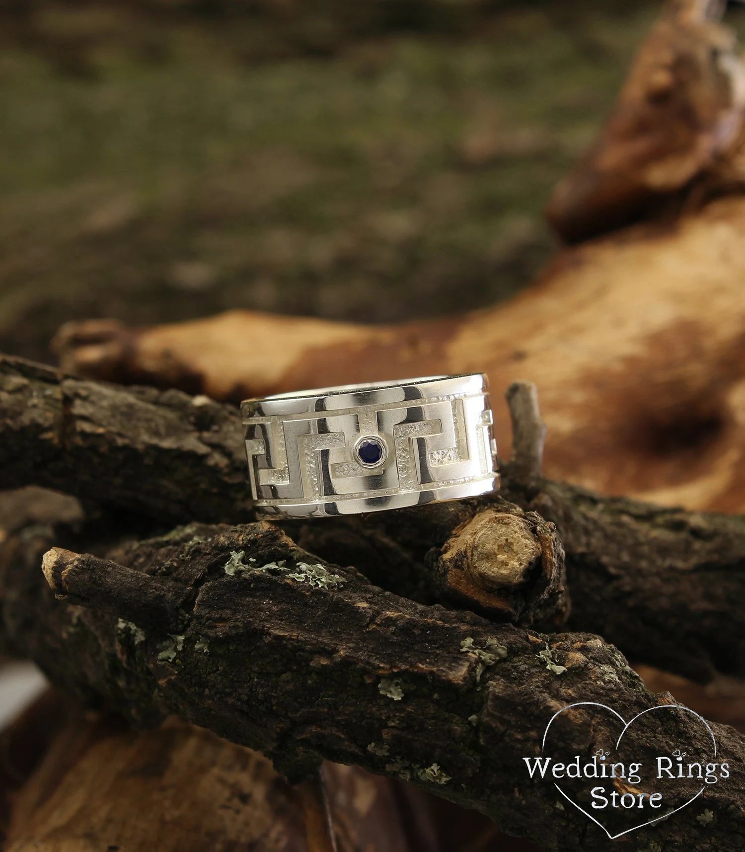 Chunky Silver Greek Wedding Band with Sapphire