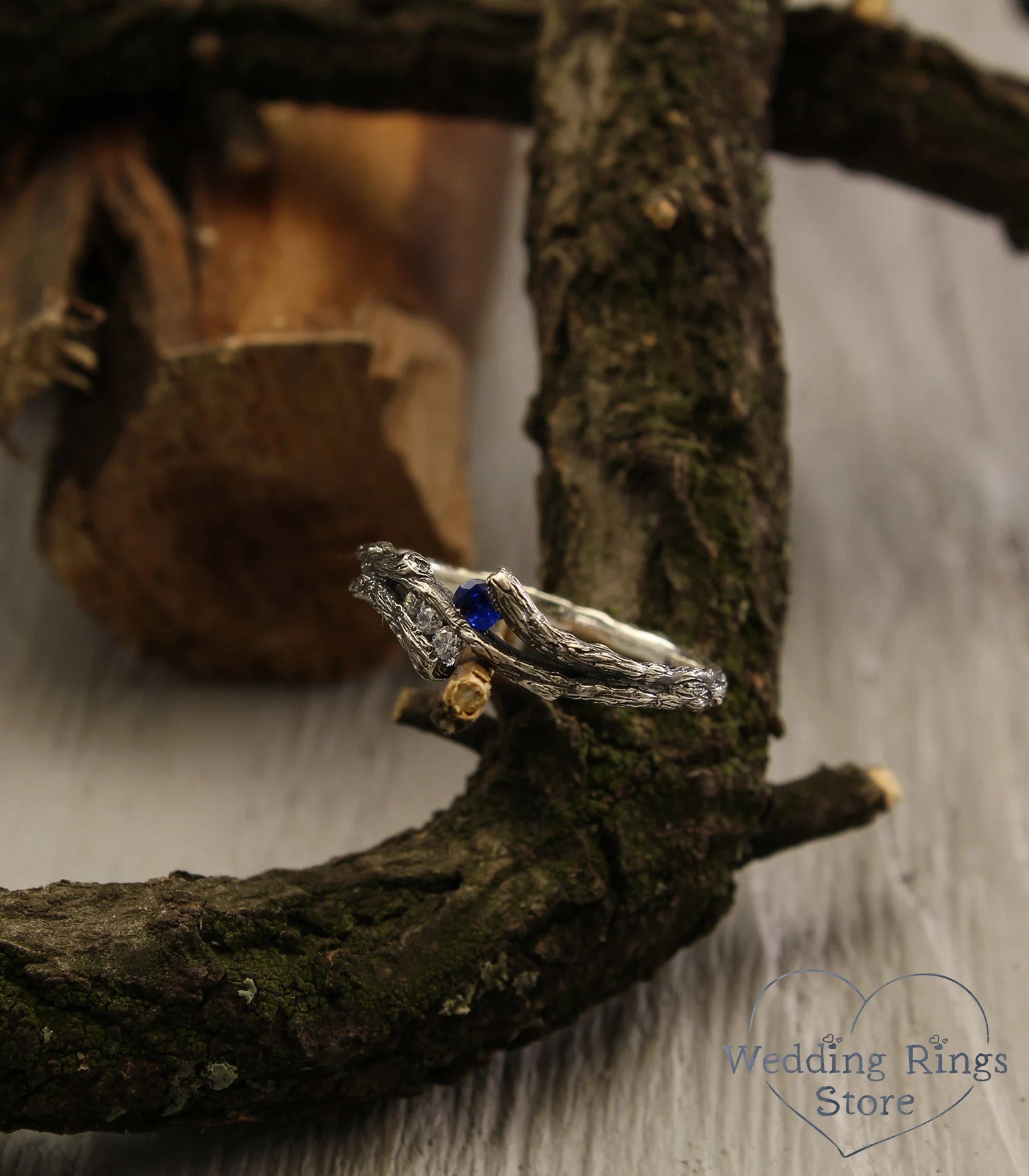 Dainty Women's Silver Branch Sapphire Engagement Ring