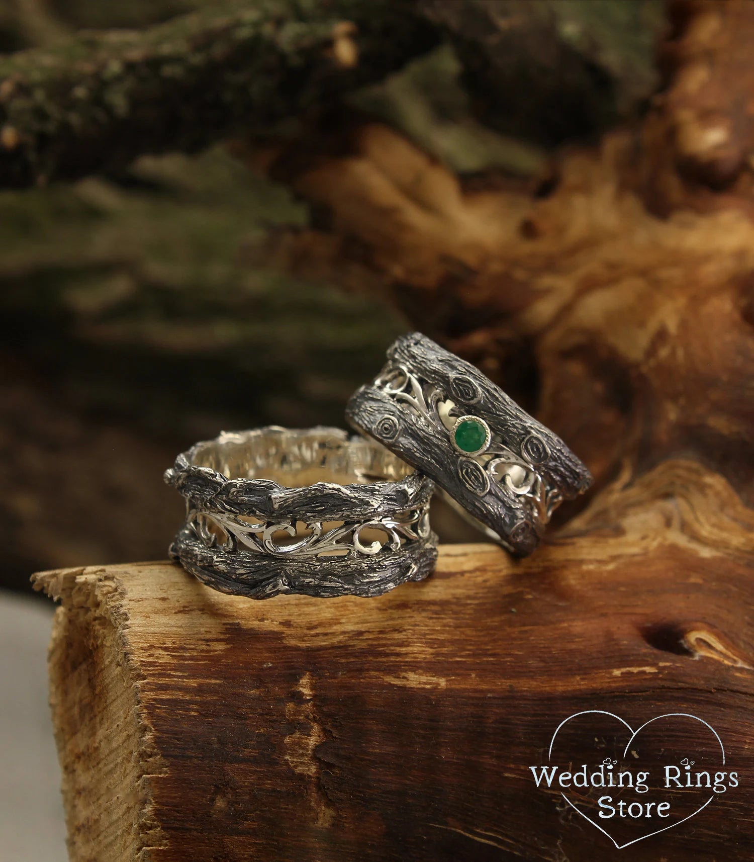 Unusual Forest Tree Silver Wedding Bands Set with Emerald