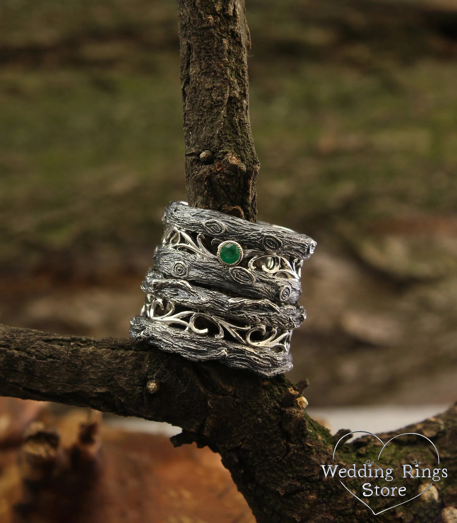 Unusual Forest Tree Silver Wedding Bands Set with Emerald