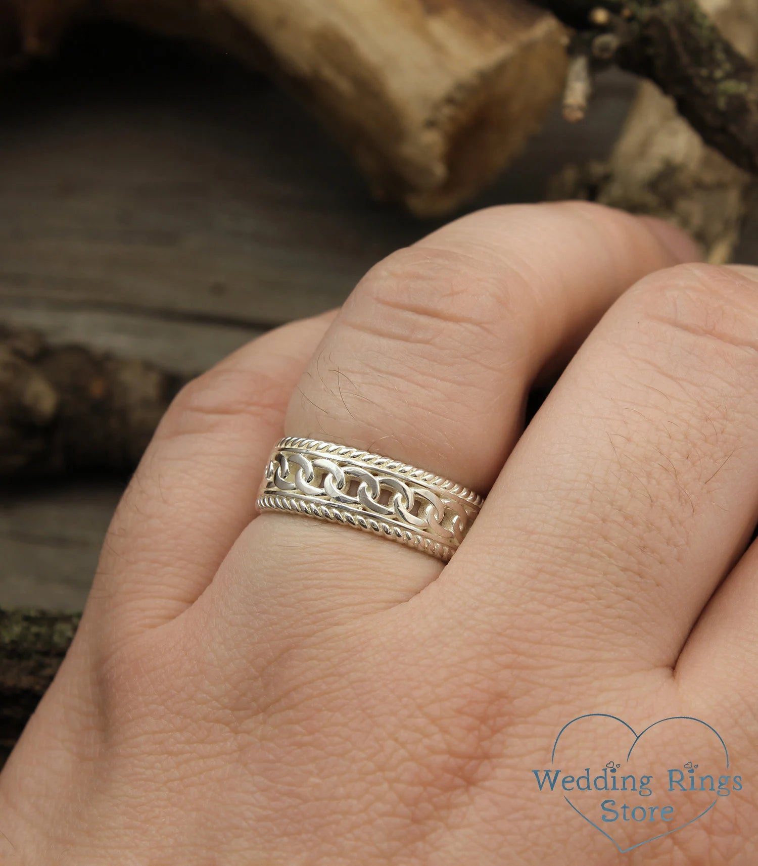 Vintage style Chain and Filigree Silver Wedding Band