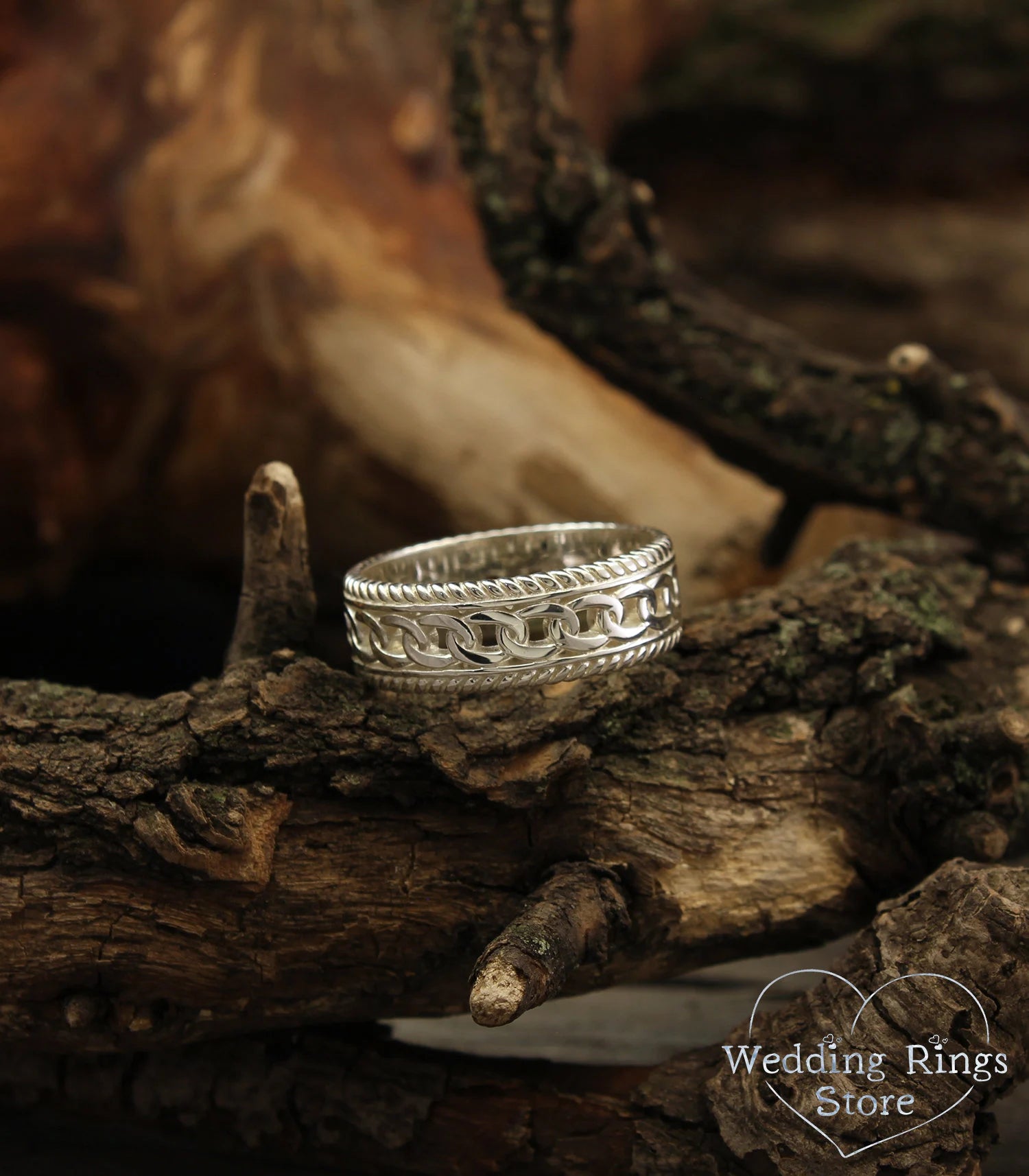 Vintage style Chain and Filigree Silver Wedding Band