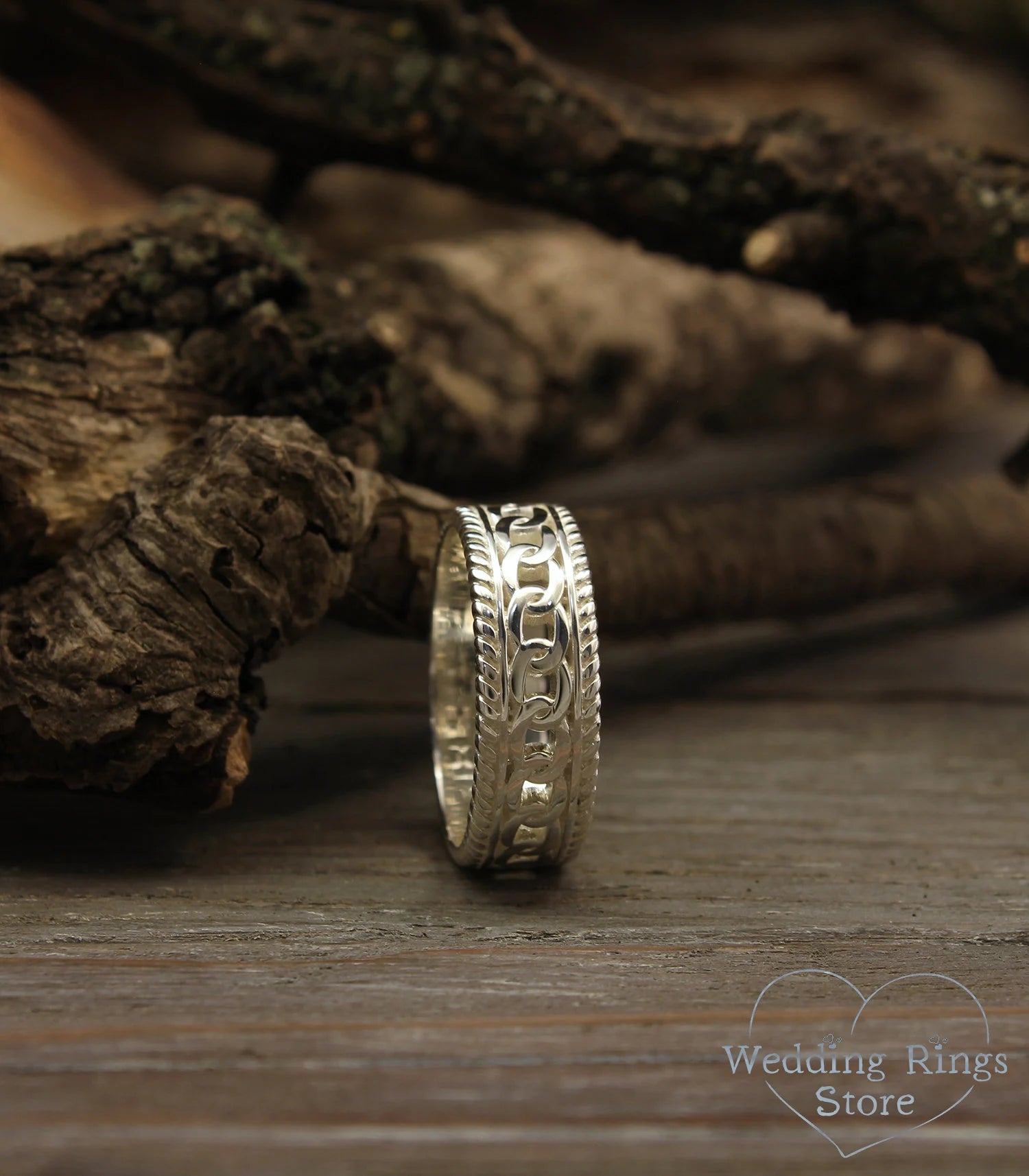 Vintage style Chain and Filigree Silver Wedding Band