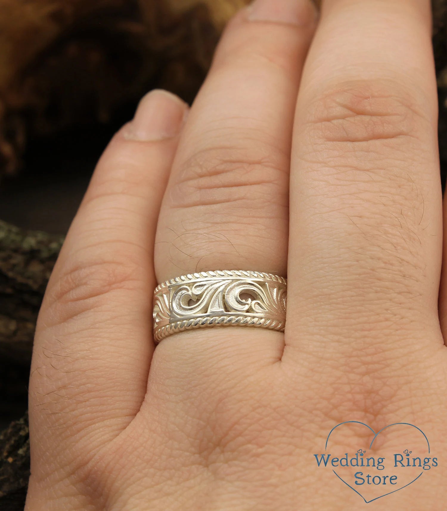 Filigree Wedding Band Vintage Silver Vine pattern