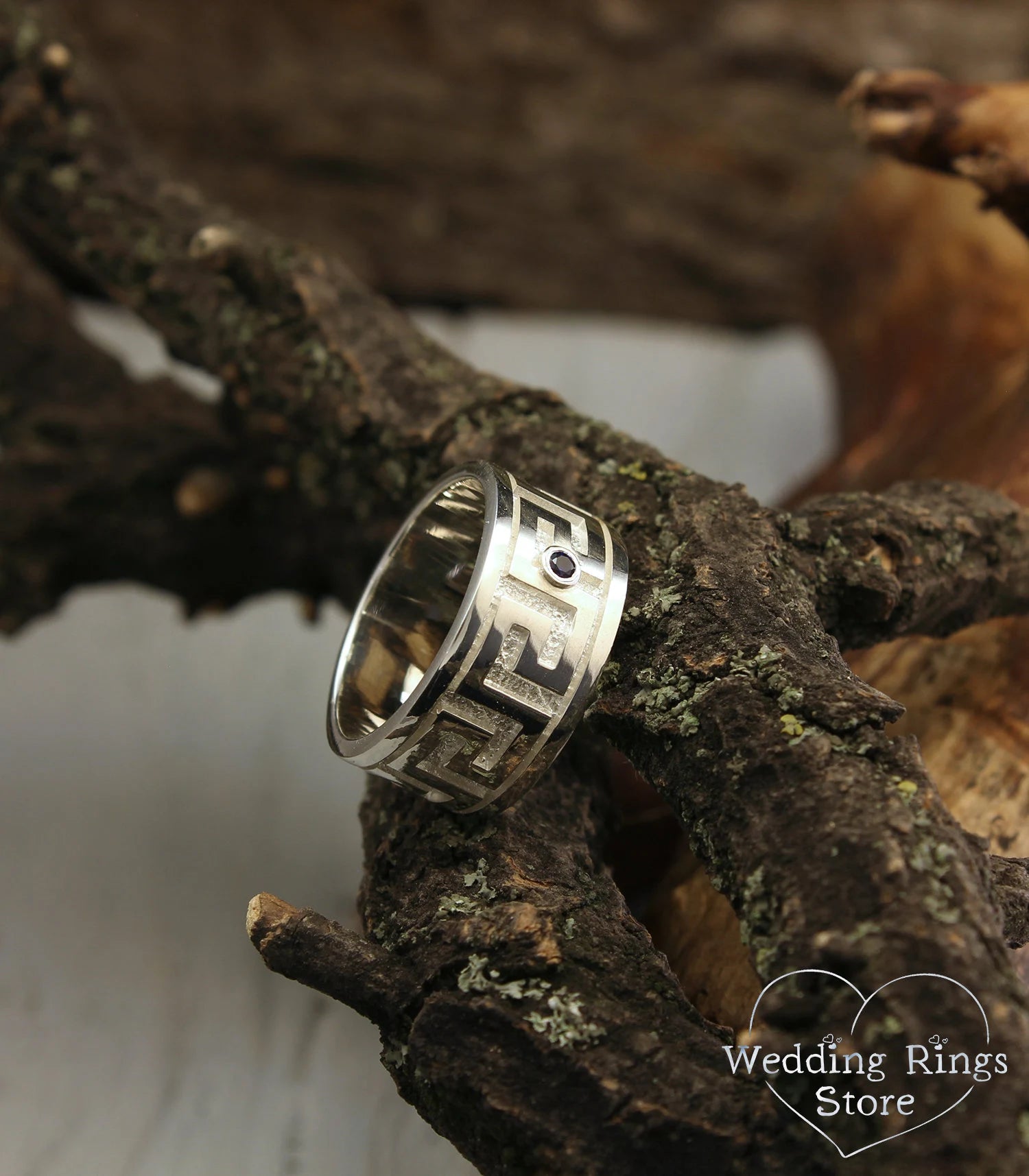 Chunky Silver Greek Wedding Band with Sapphire