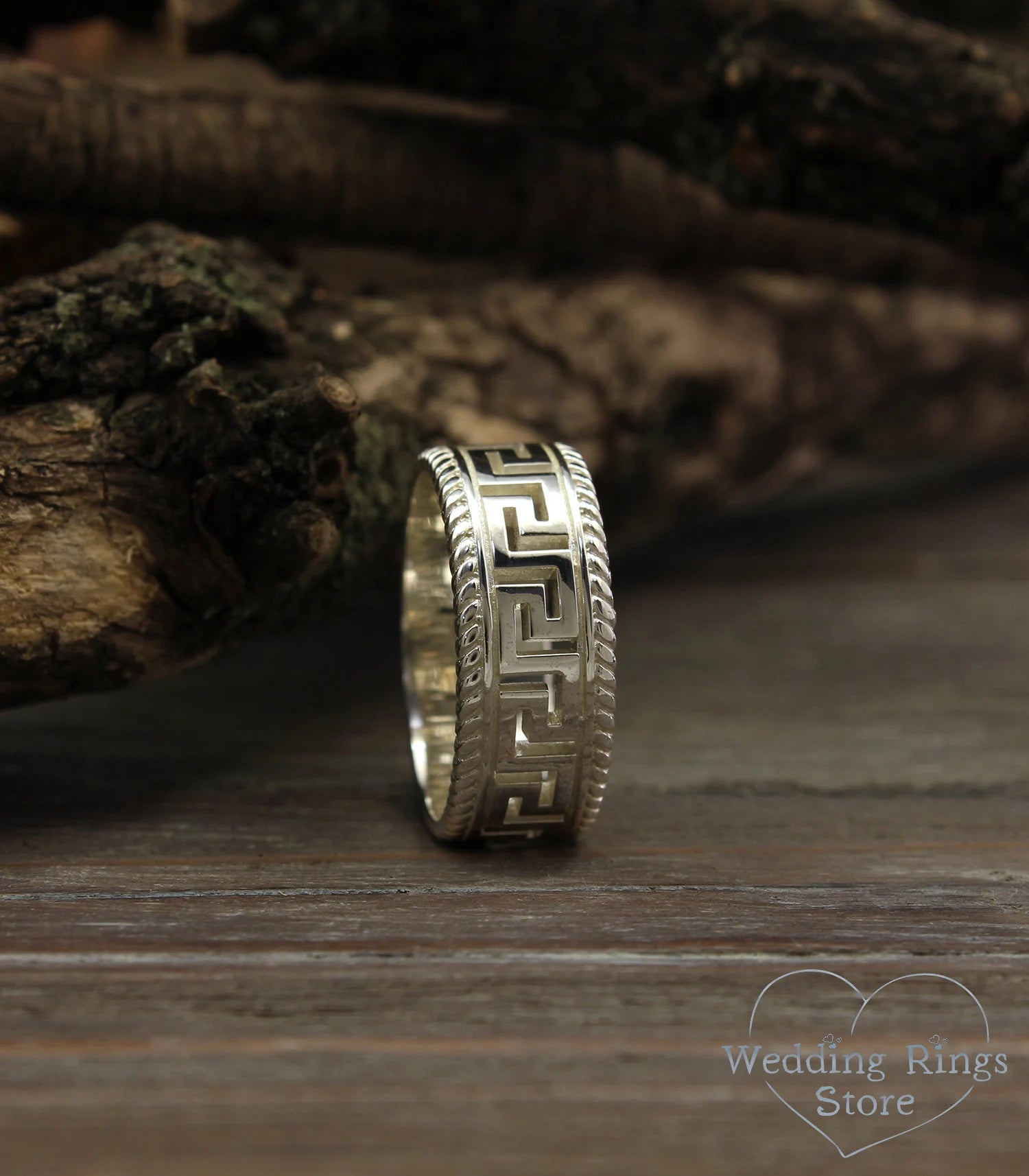 Greek Key and Filigree Silver Wedding Band