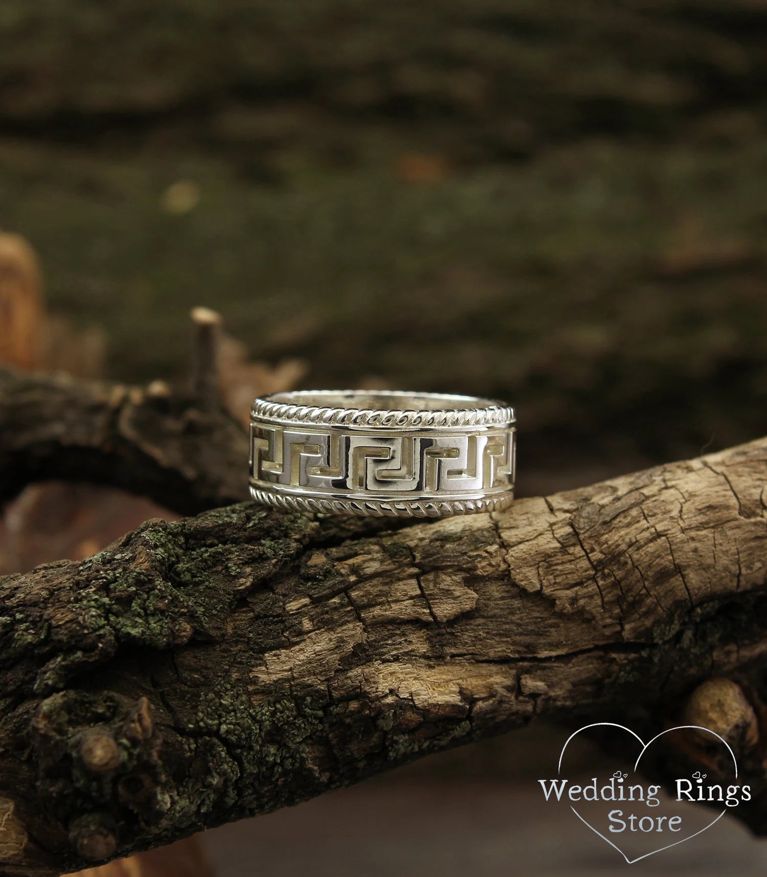 Greek Key and Filigree Silver Wedding Band