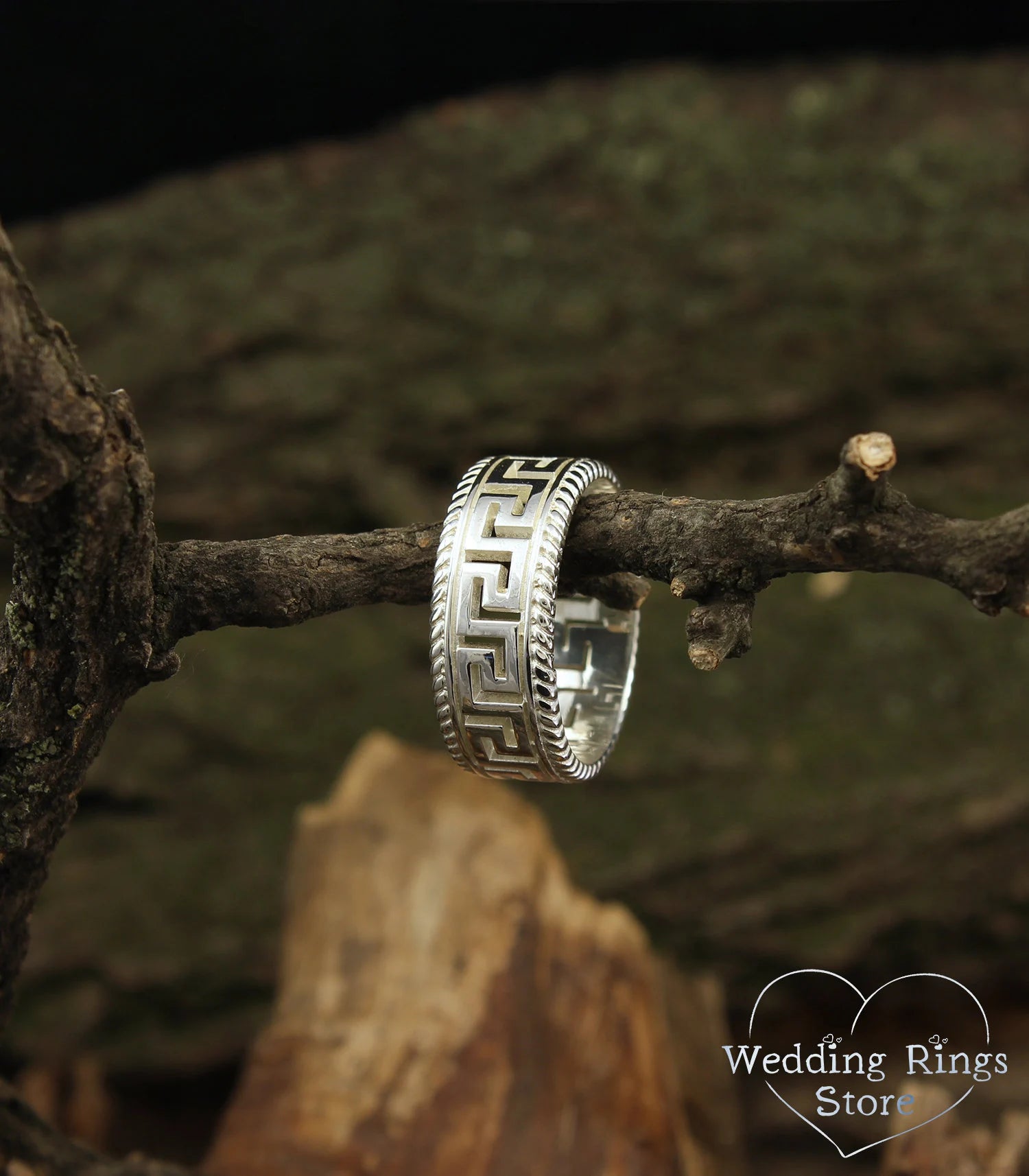 Greek Key and Filigree Silver Wedding Band