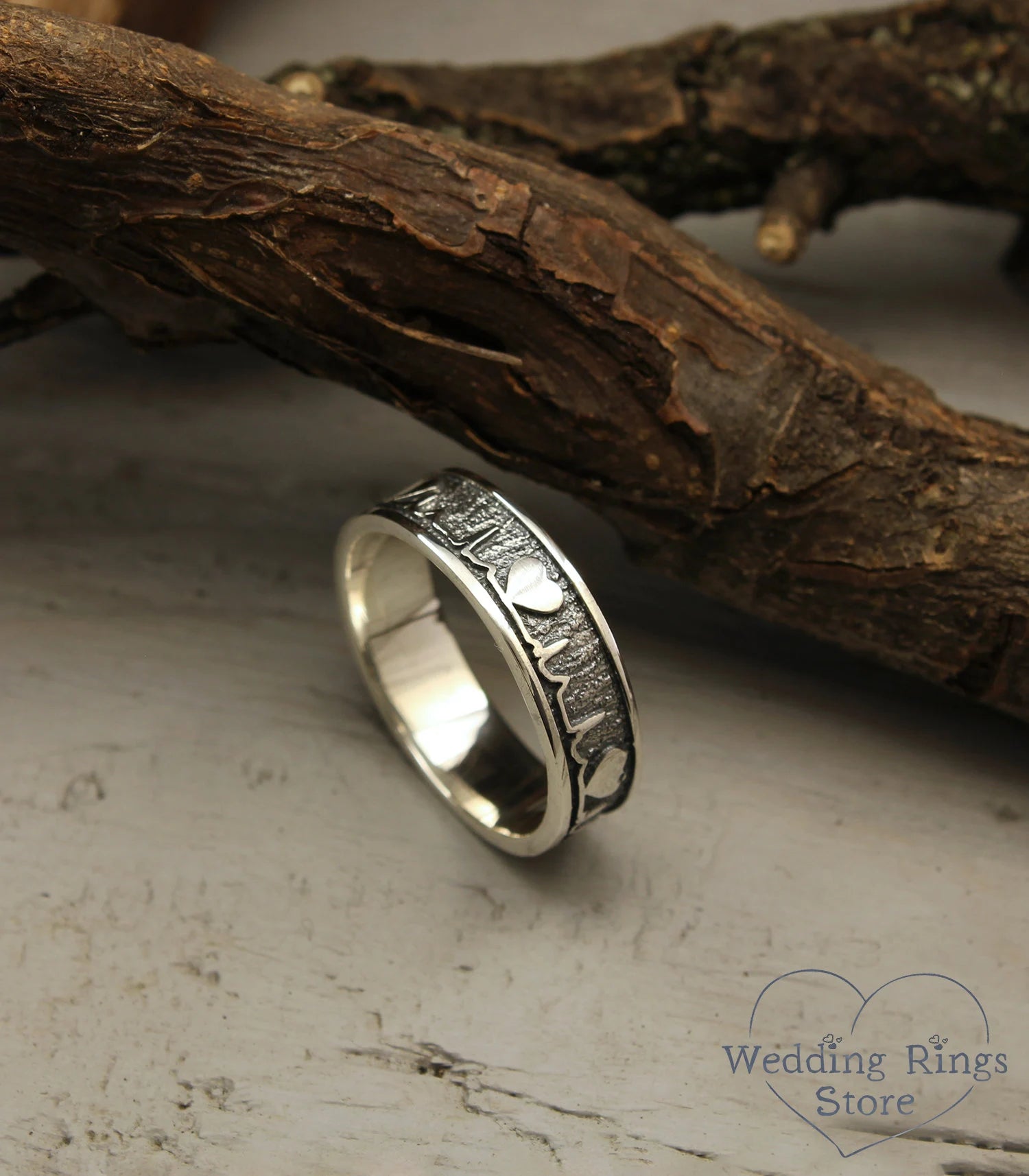 Unique Heartbeat Wedding Band in Silver — Pulse & Heart Ring