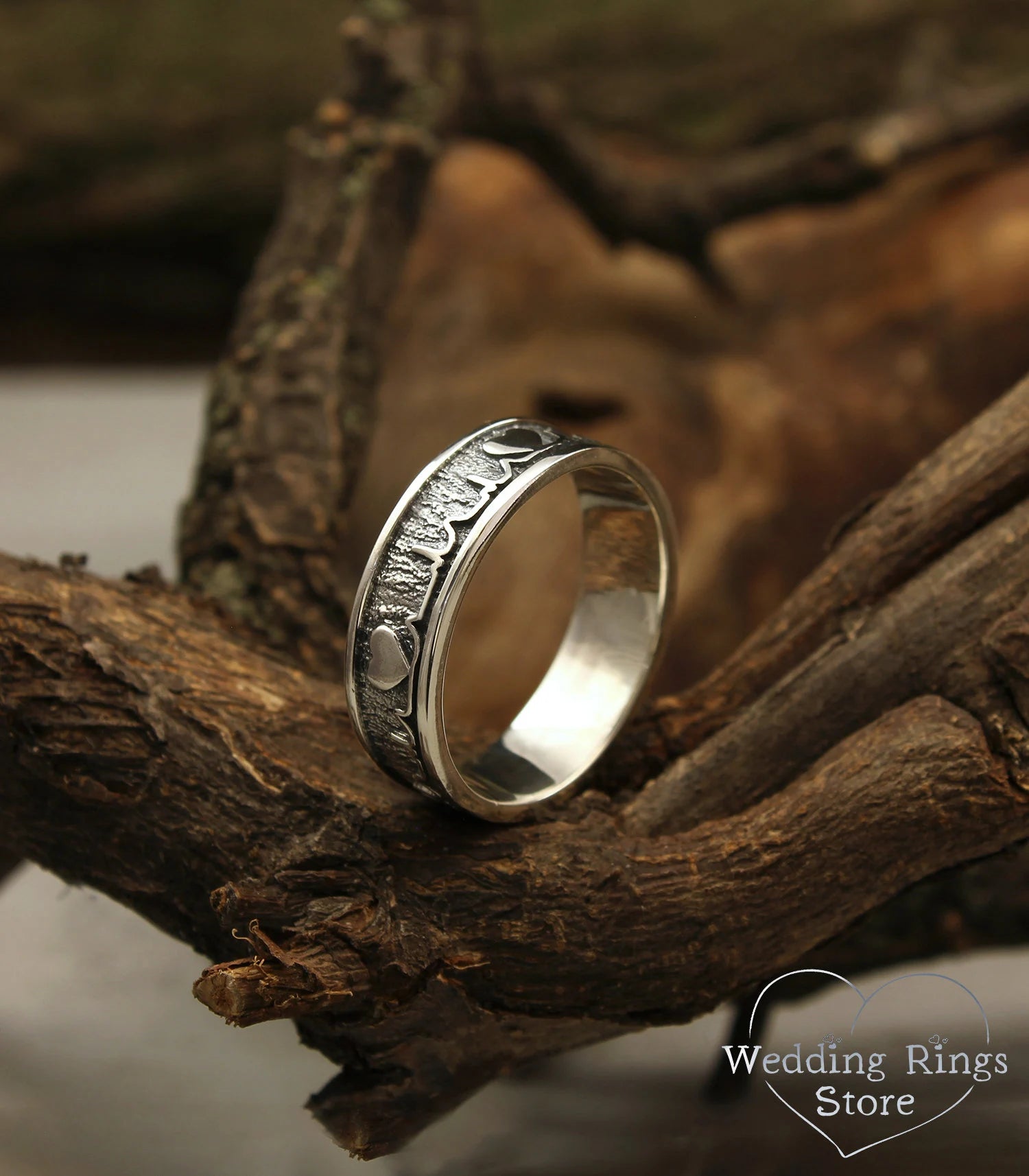 Unique Heartbeat Wedding Band in Silver — Pulse & Heart Ring