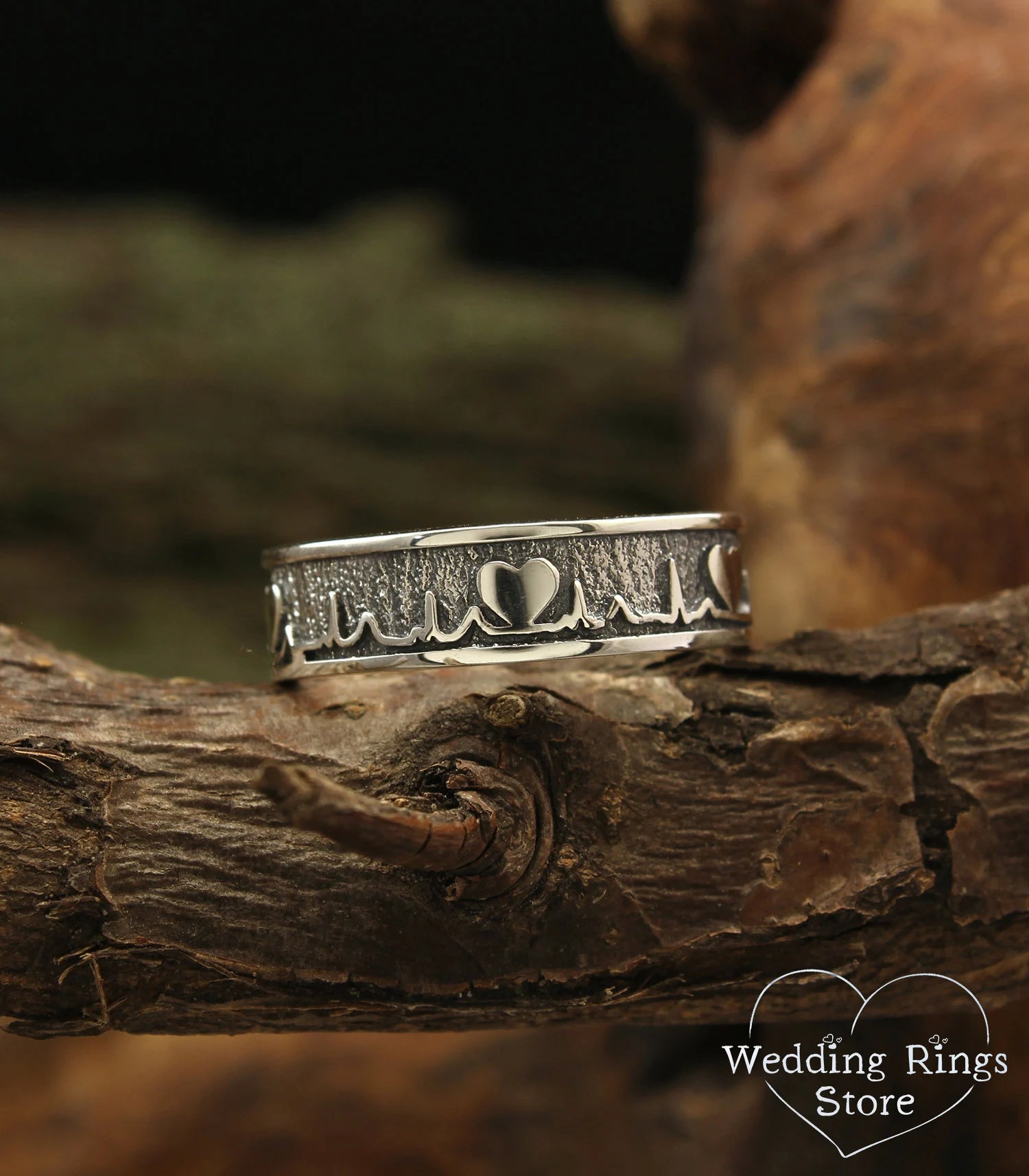 Unique Heartbeat Wedding Band in Silver — Pulse & Heart Ring