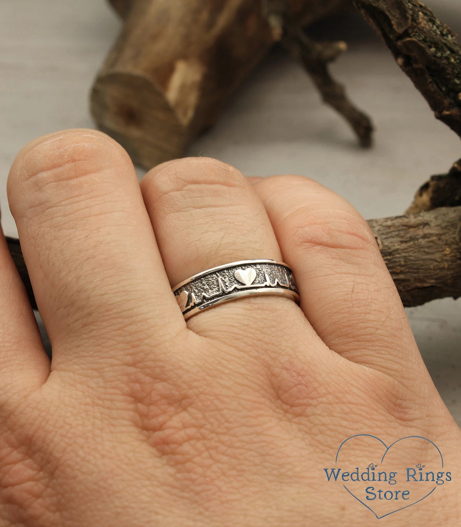 Unique Heartbeat Wedding Band in Silver — Pulse & Heart Ring