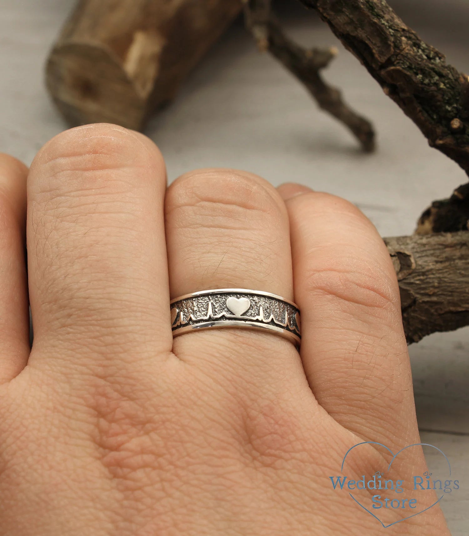 Unique Heartbeat Wedding Band in Silver — Pulse & Heart Ring