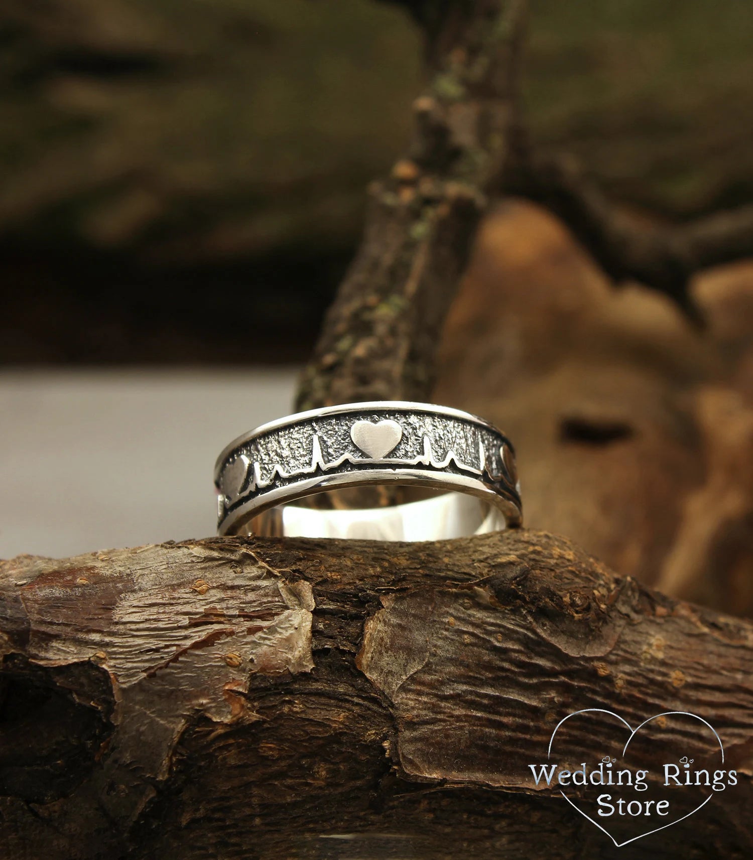 Unique Heartbeat Wedding Band in Silver — Pulse & Heart Ring