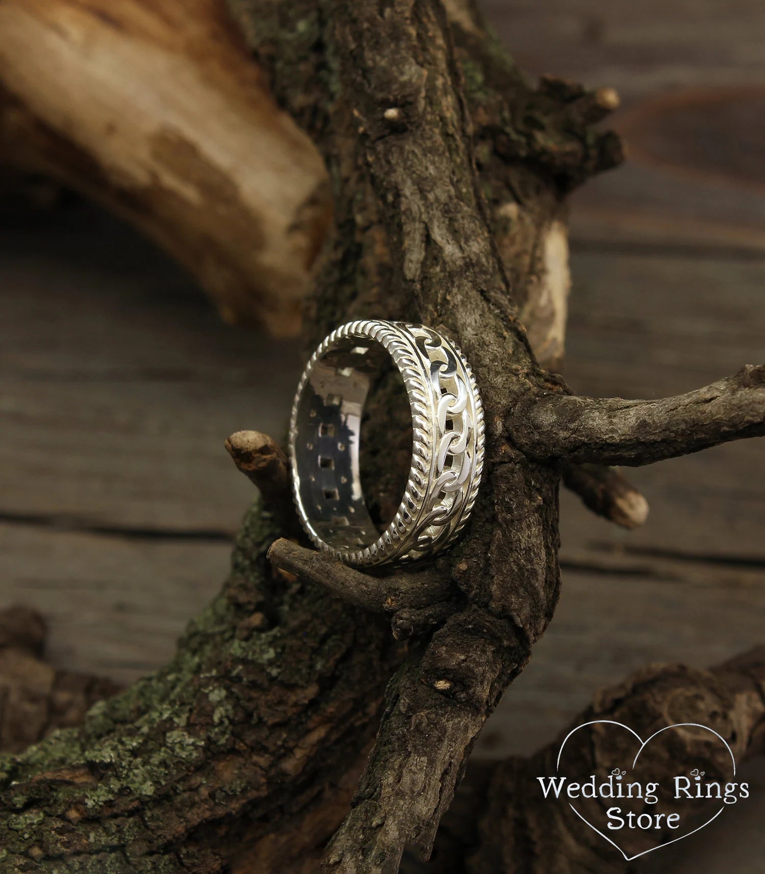 Vintage style Chain and Filigree Silver Wedding Band