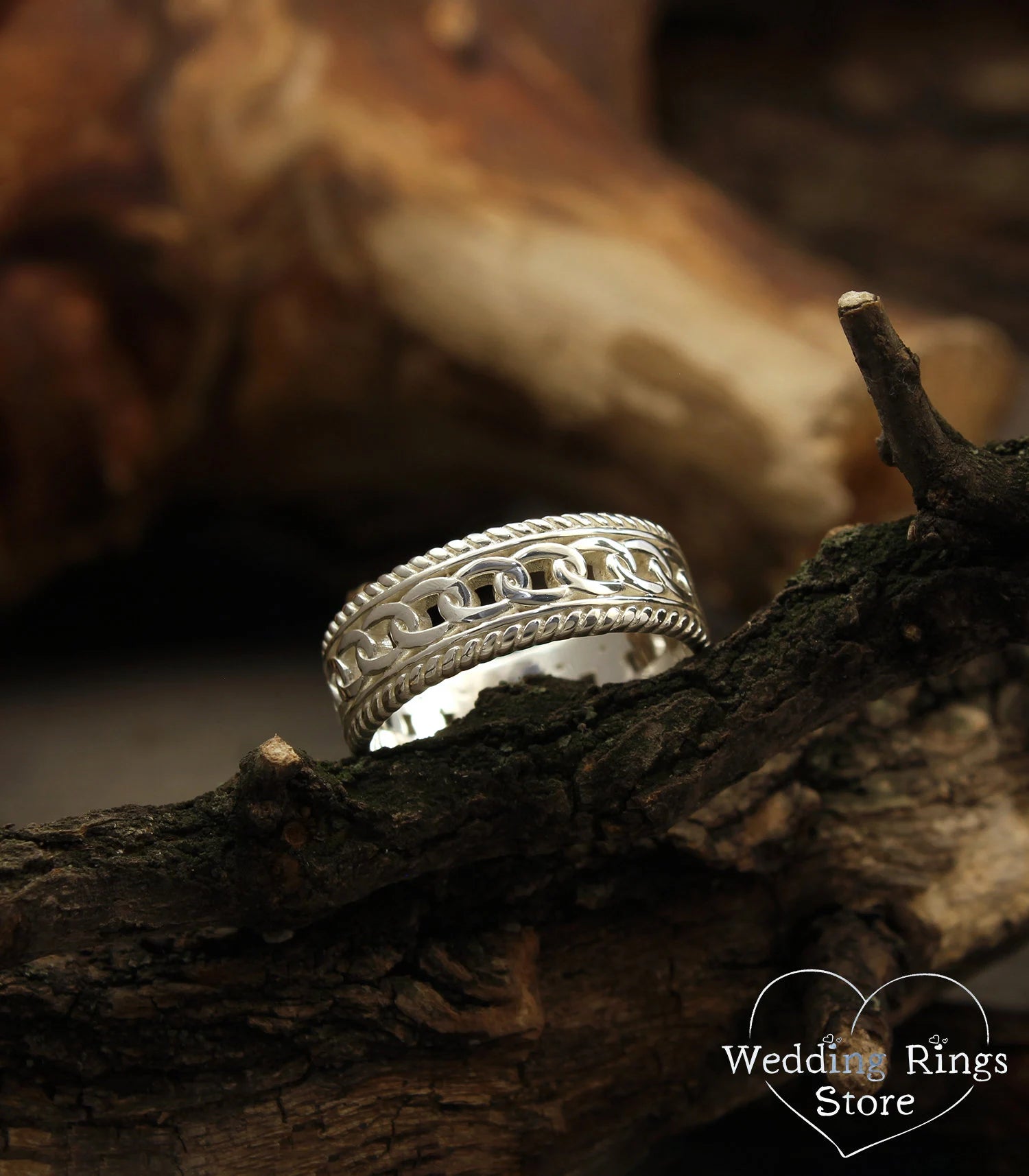 Vintage style Chain and Filigree Silver Wedding Band