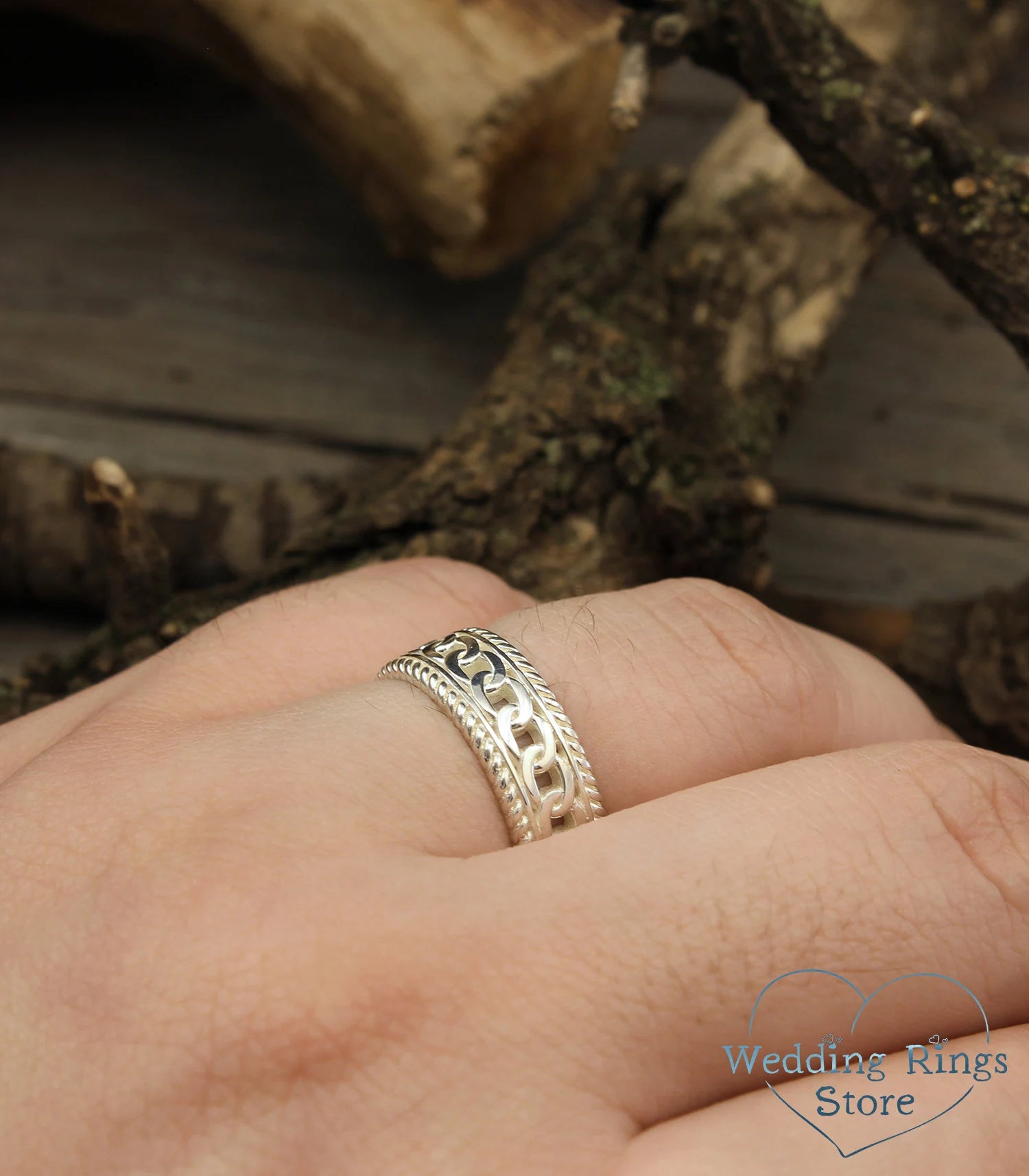 Vintage style Chain and Filigree Silver Wedding Band