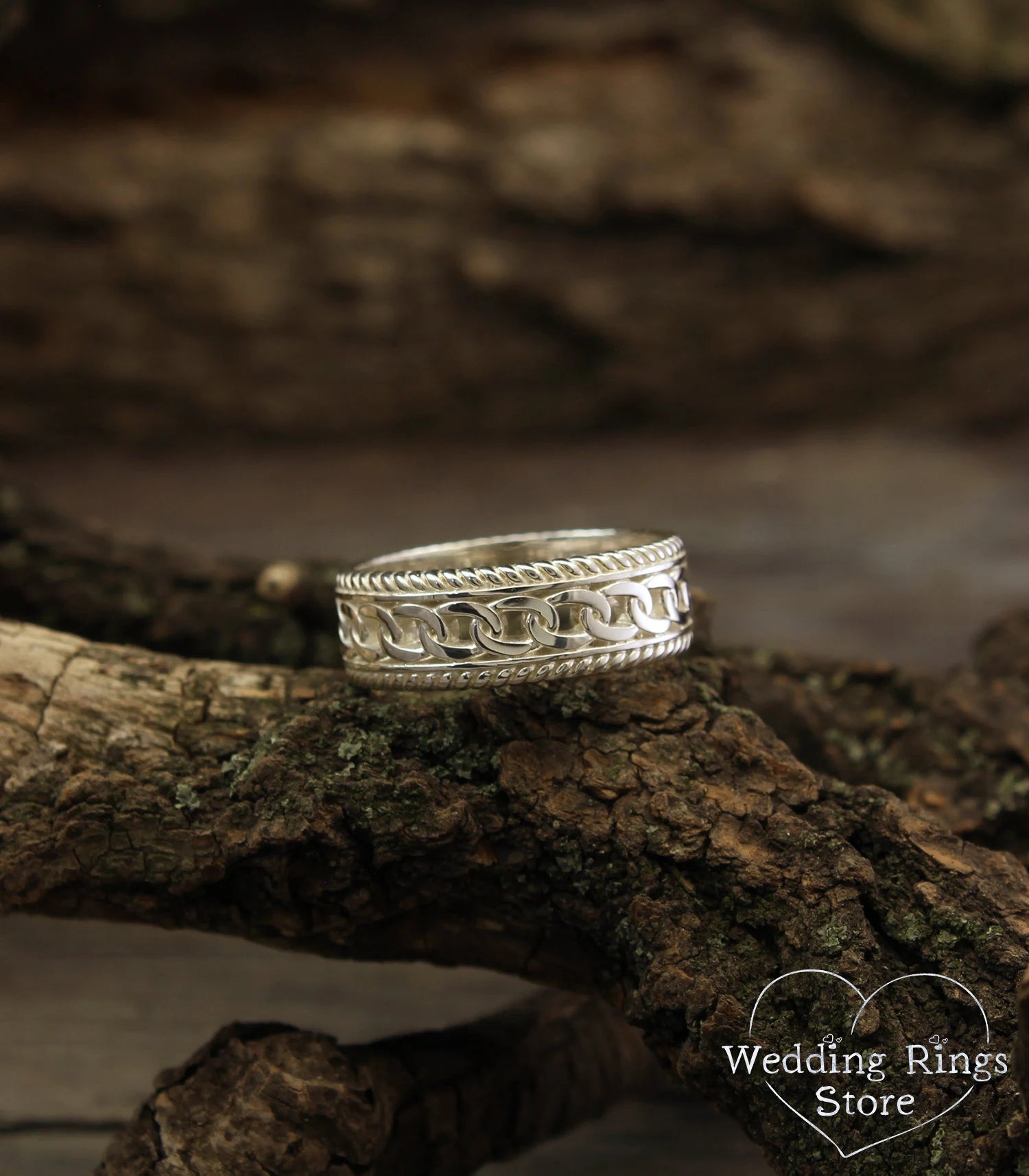 Vintage style Chain and Filigree Silver Wedding Band