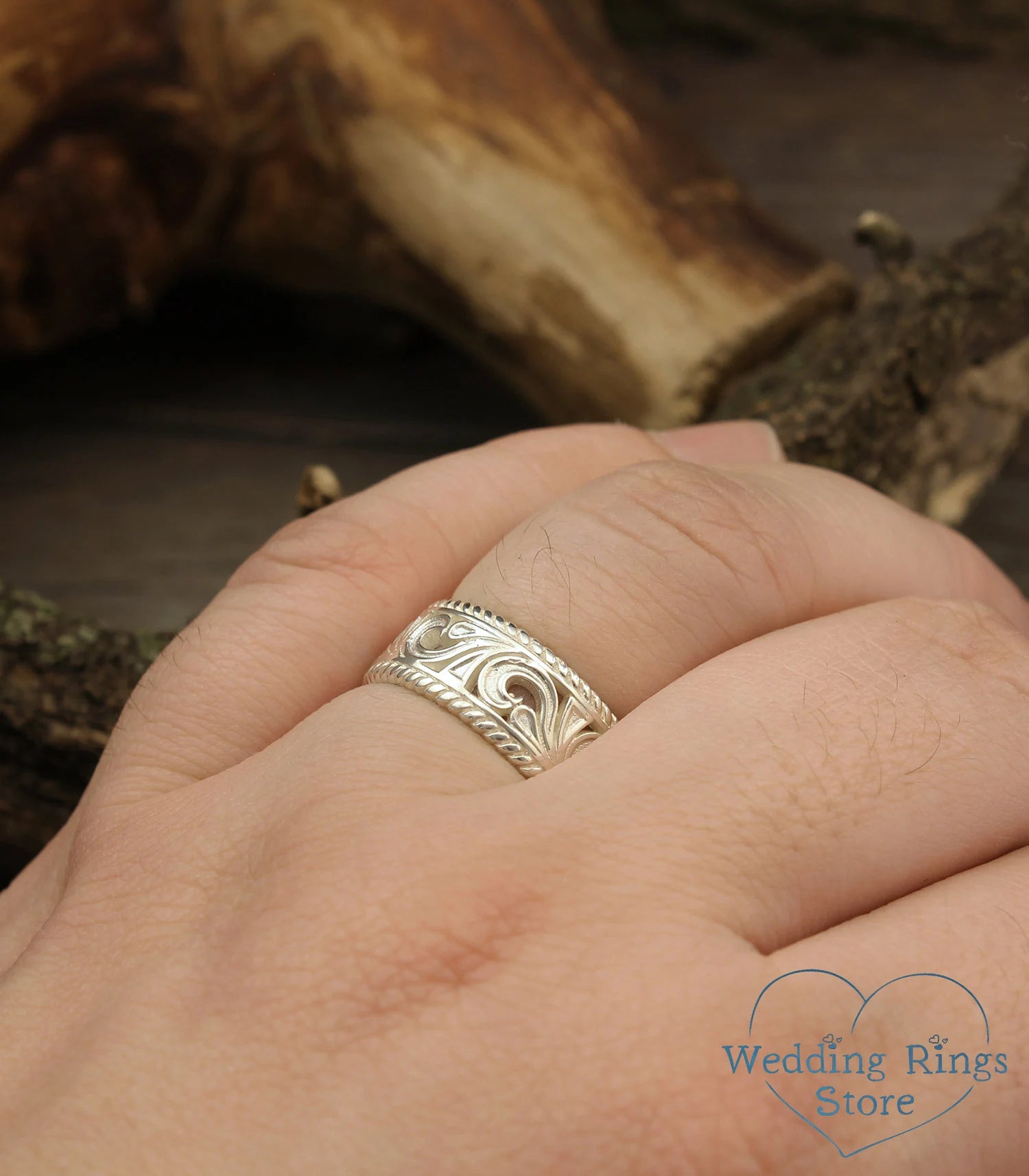 Filigree Wedding Band Vintage Silver Vine pattern