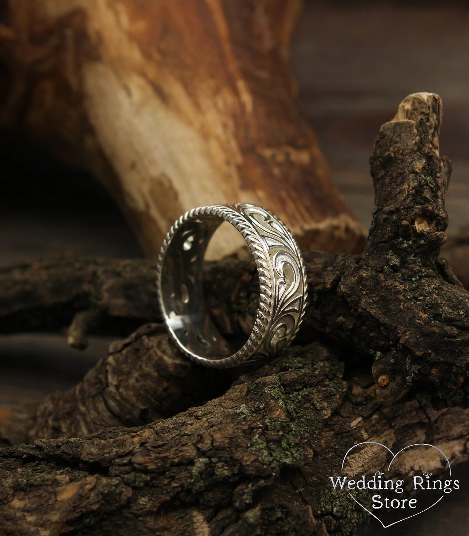 Filigree Wedding Band Vintage Silver Vine pattern