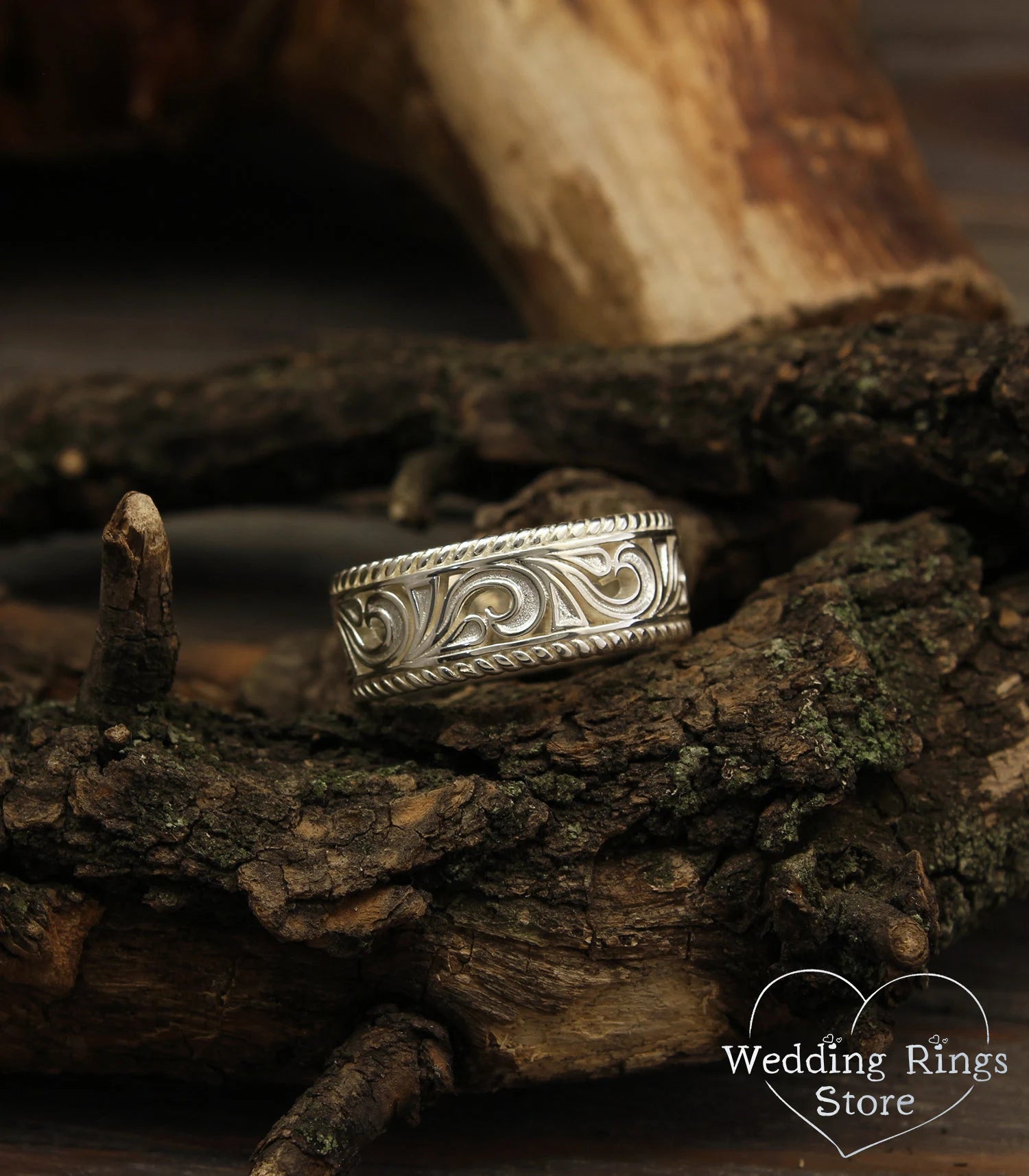 Filigree Wedding Band Vintage Silver Vine pattern