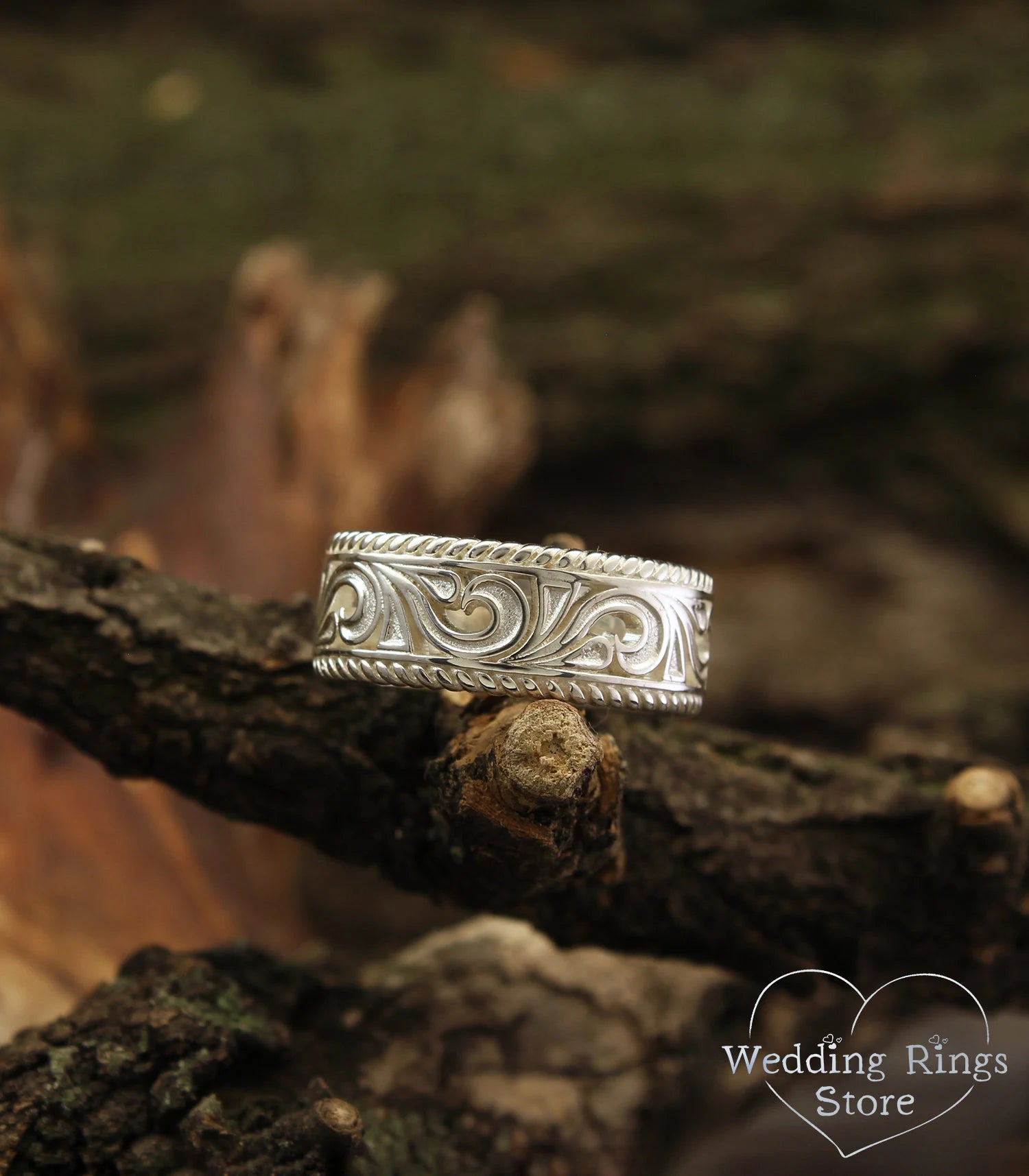 Filigree Wedding Band Vintage Silver Vine pattern