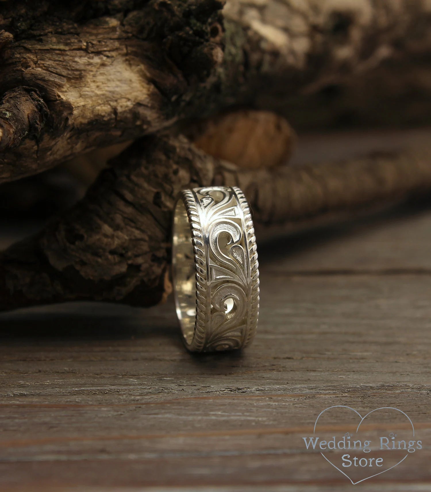 Filigree Wedding Band Vintage Silver Vine pattern