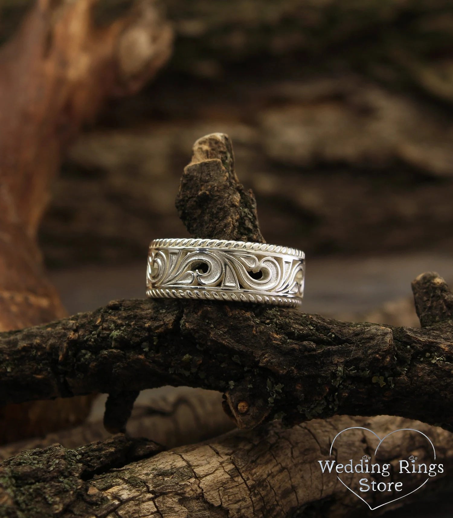 Filigree Wedding Band Vintage Silver Vine pattern