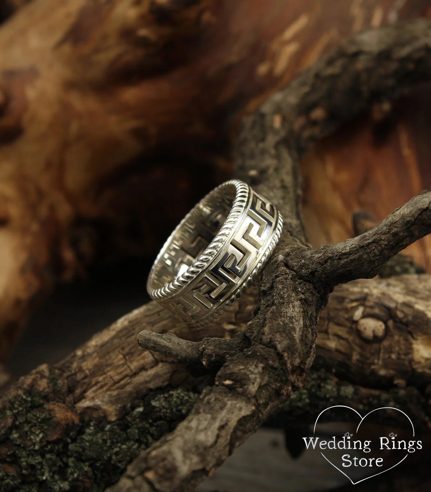 Greek Key and Filigree Silver Wedding Band