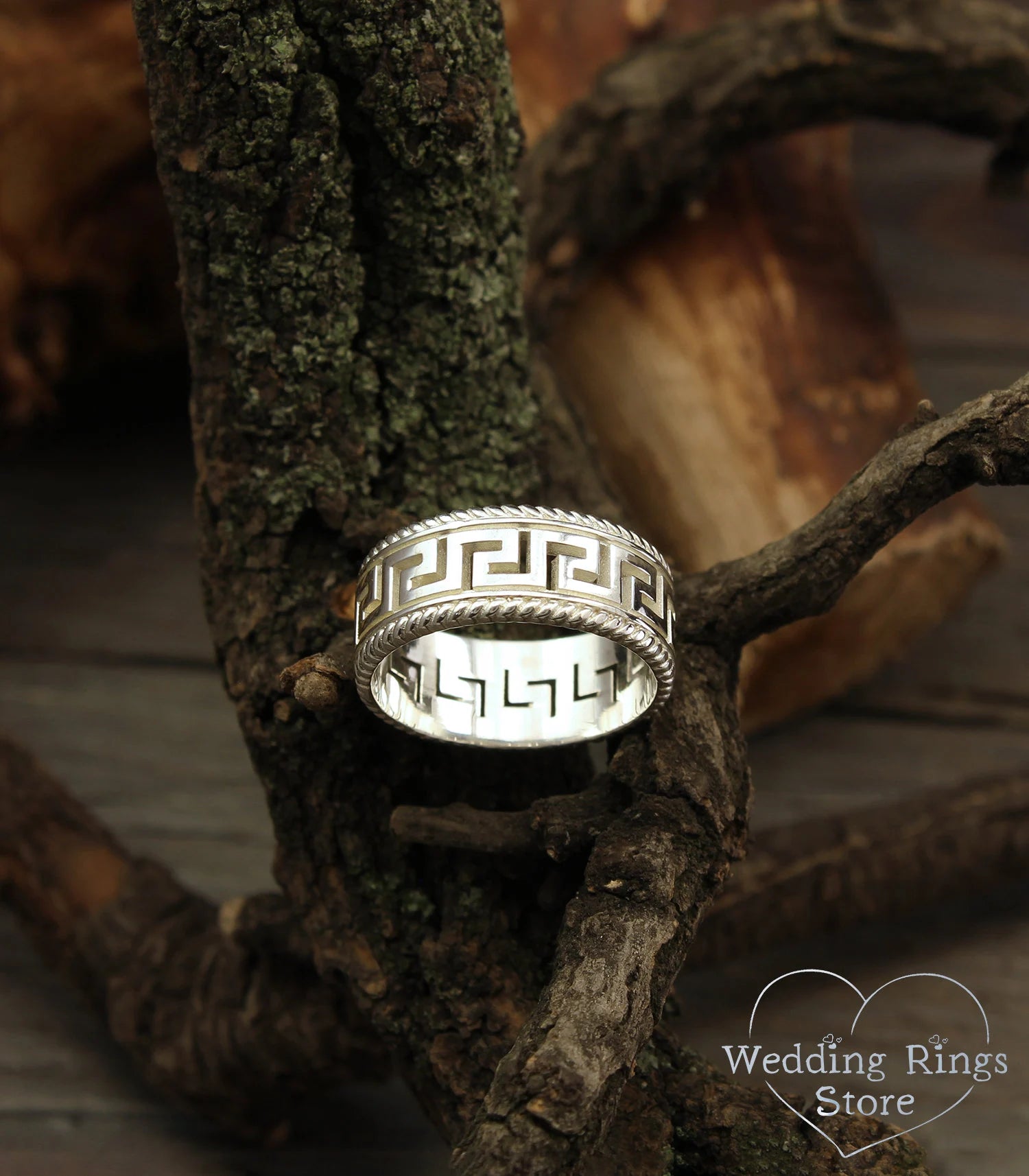 Greek Key and Filigree Silver Wedding Band