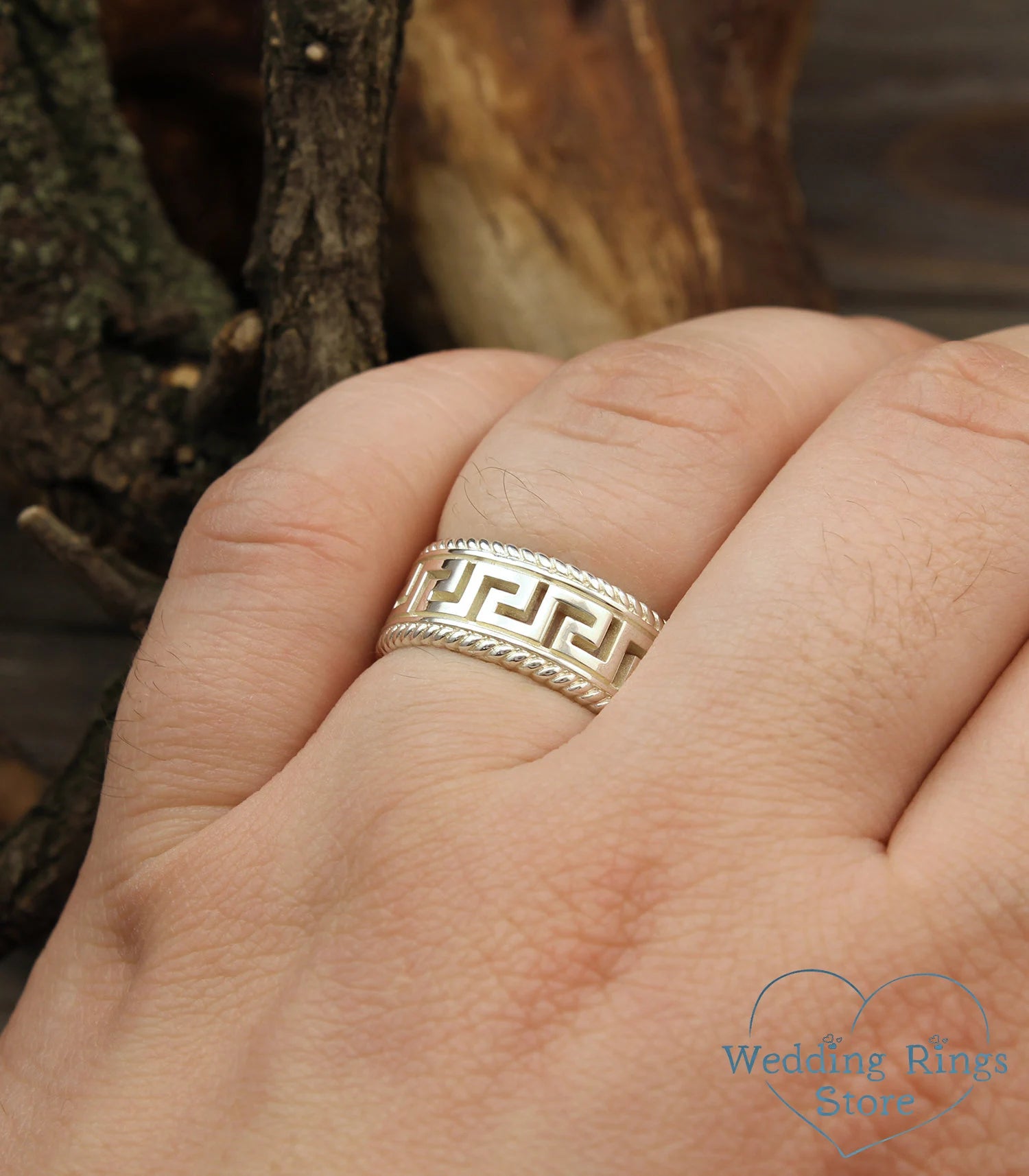 Greek Key and Filigree Silver Wedding Band