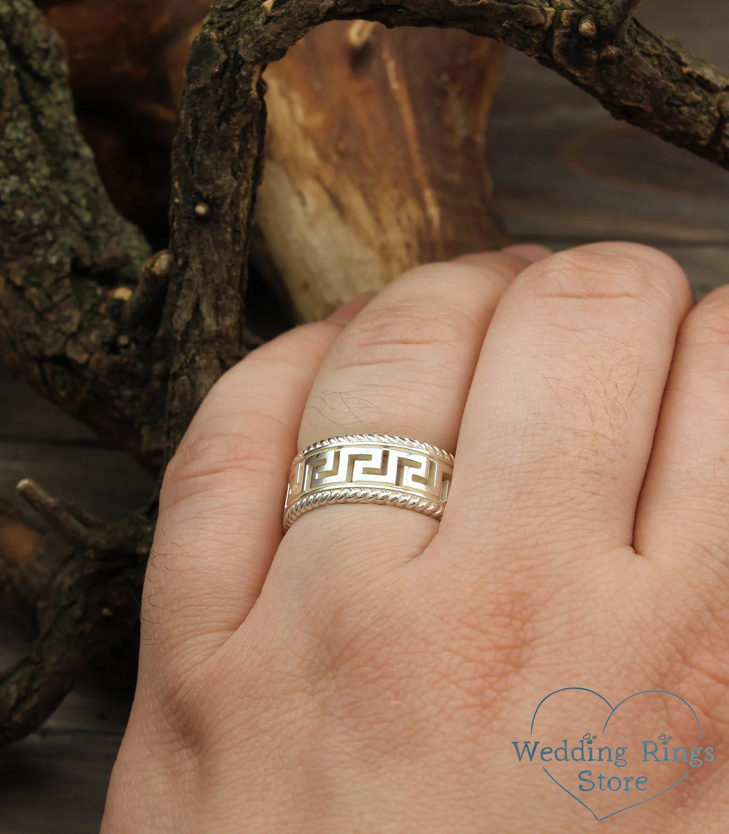 Greek Key and Filigree Silver Wedding Band