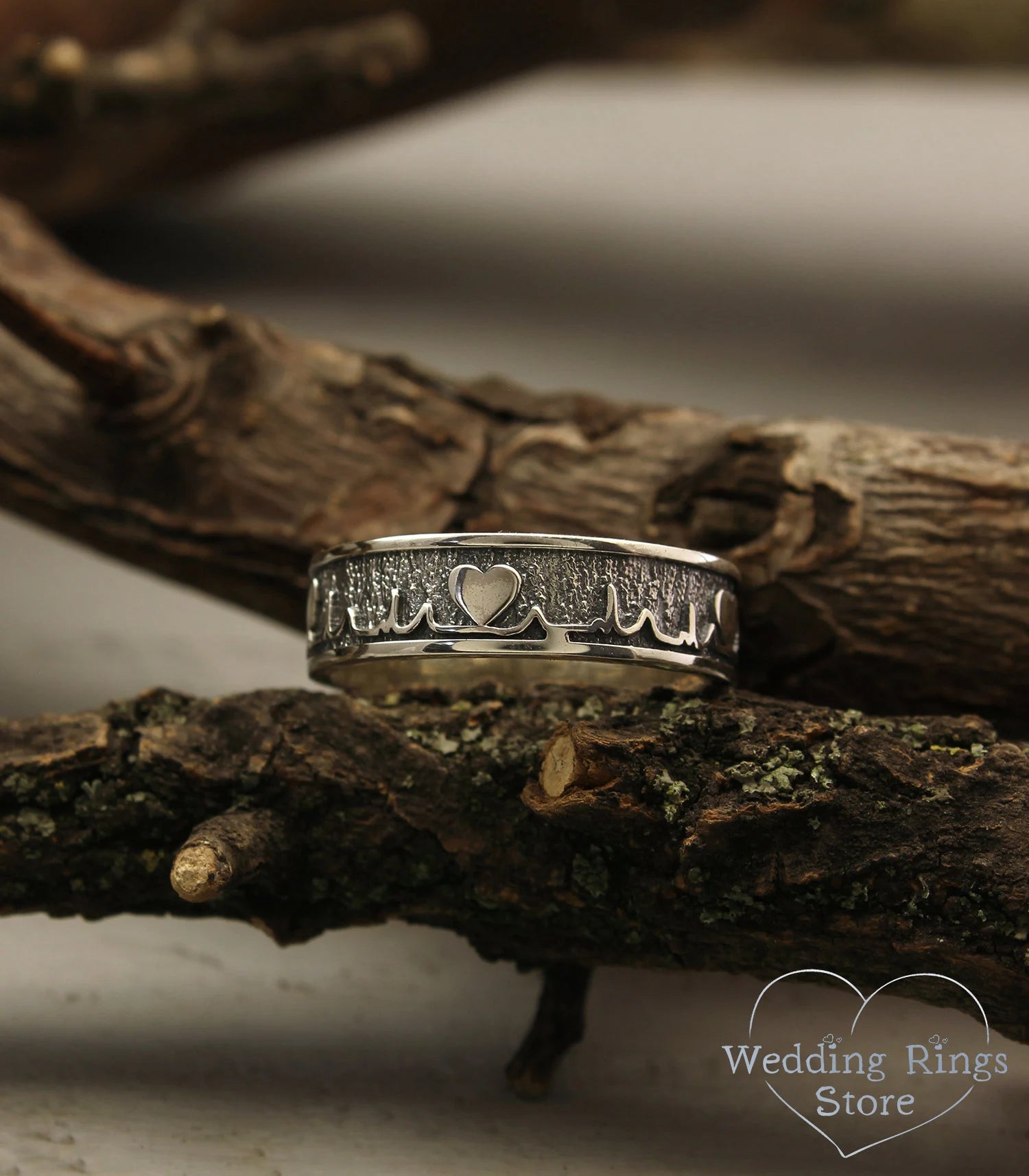 Unique Heartbeat Wedding Band in Silver — Pulse & Heart Ring