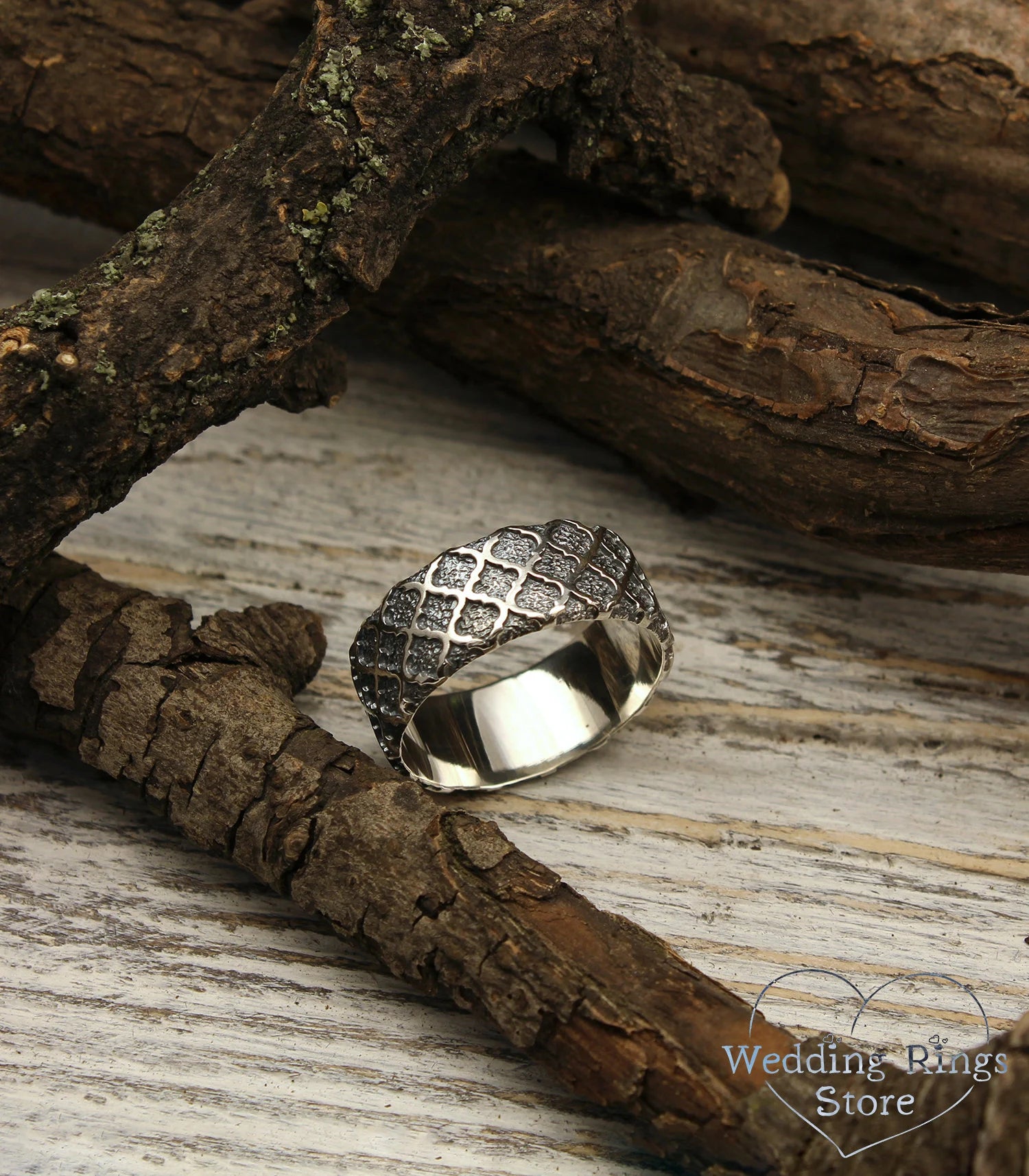 Vintage style Sterling Silver Wedding Ring — Unique pattern Band