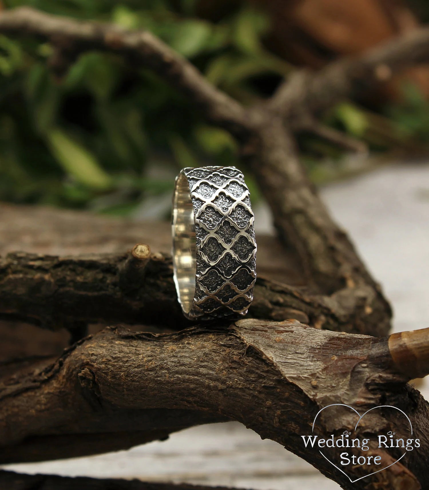 Vintage style Sterling Silver Wedding Ring — Unique pattern Band