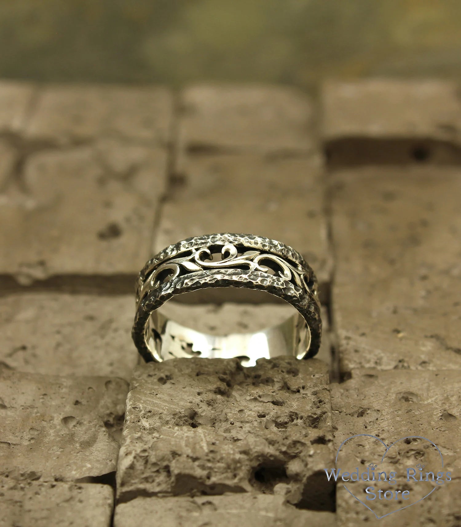 Hammered Wedding Band Vintage style Vine & Rocky Silver