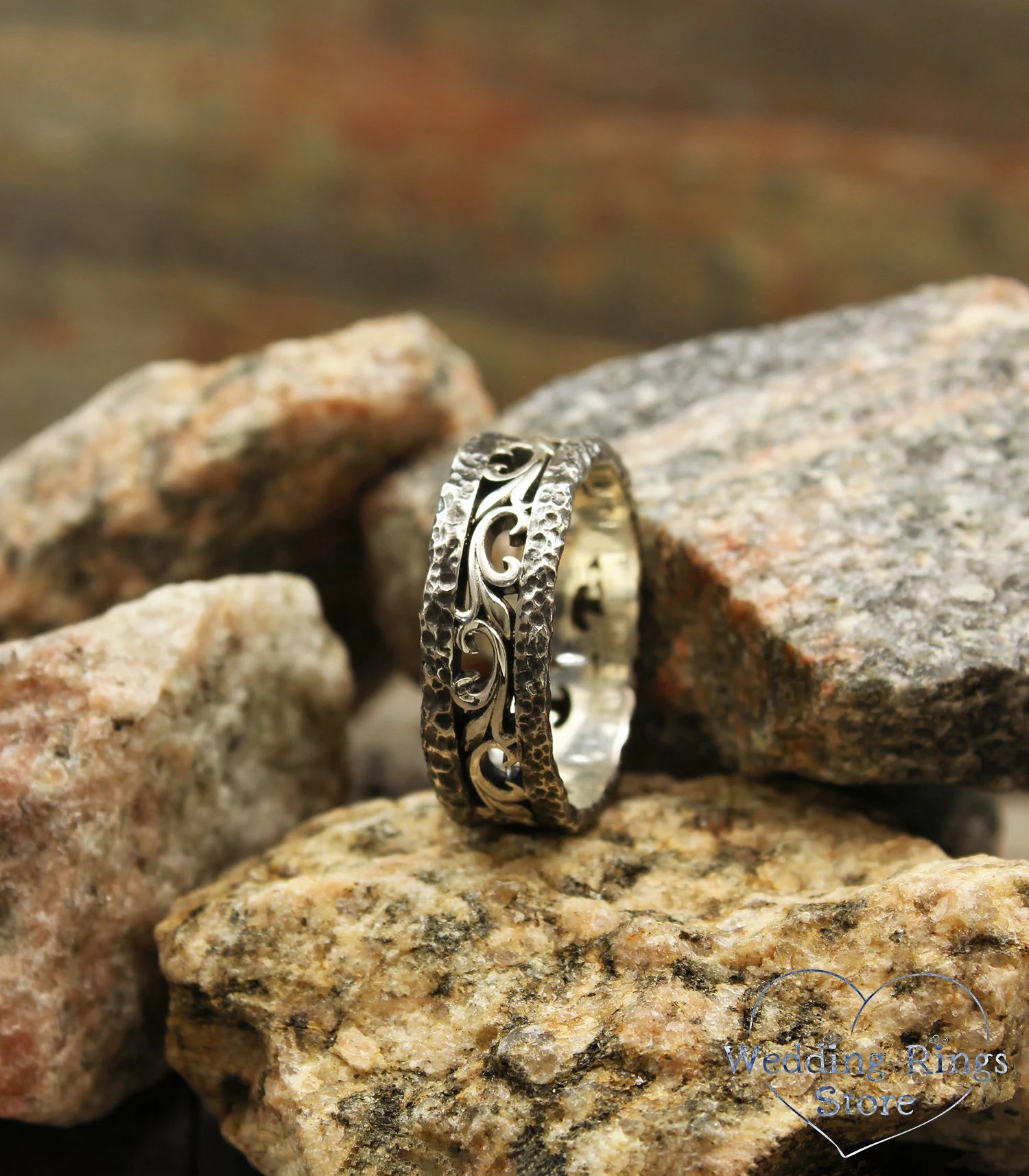 Hammered Wedding Band Vintage style Vine & Rocky Silver