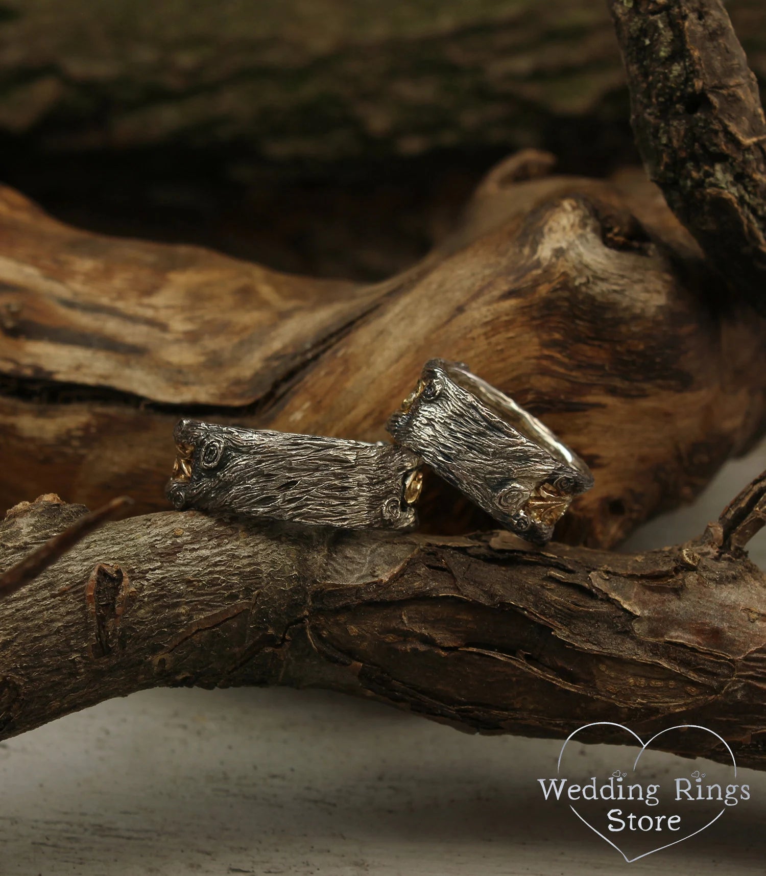 Tree styled Diamond and Vine Wedding Bands Set in Mixed metals