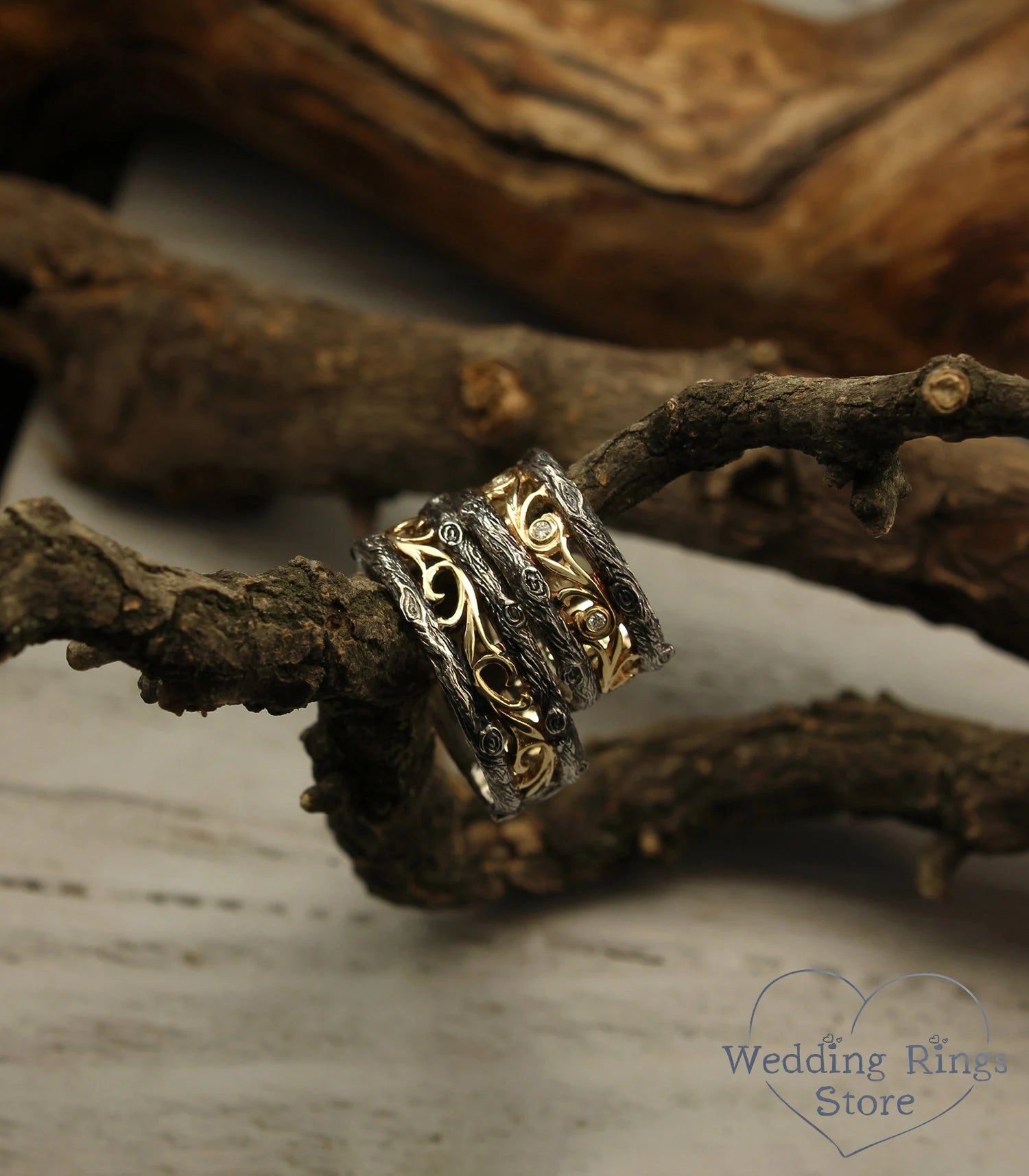 Tree styled Diamond and Vine Wedding Bands Set in Mixed metals