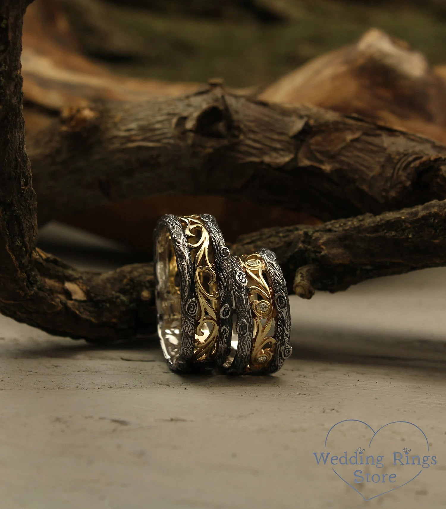 Tree styled Diamond and Vine Wedding Bands Set in Mixed metals