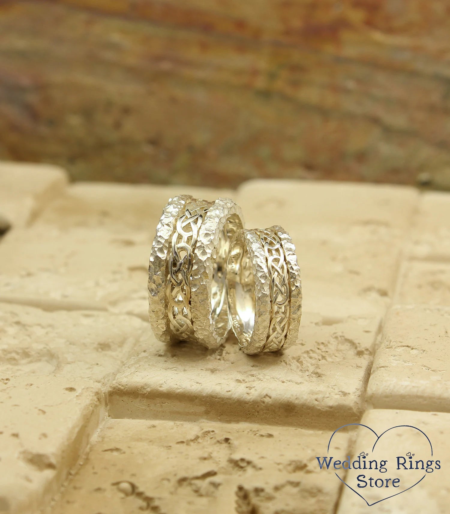 Hammered Matching Celtic Wedding Bands in 925 Silver