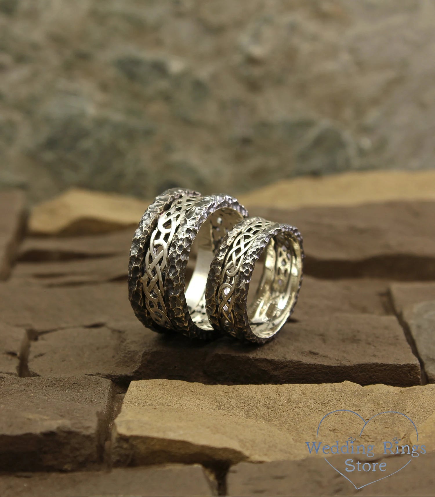 Hammered Matching Celtic Wedding Bands in 925 Silver