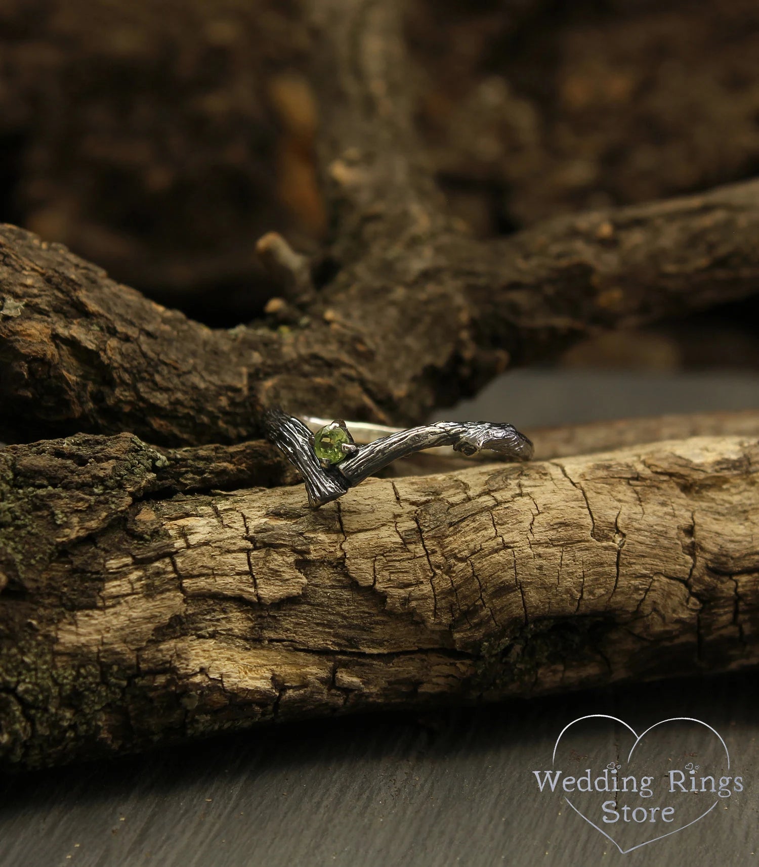 Tiny Twig Peridot Silver Chevron Engagement Ring