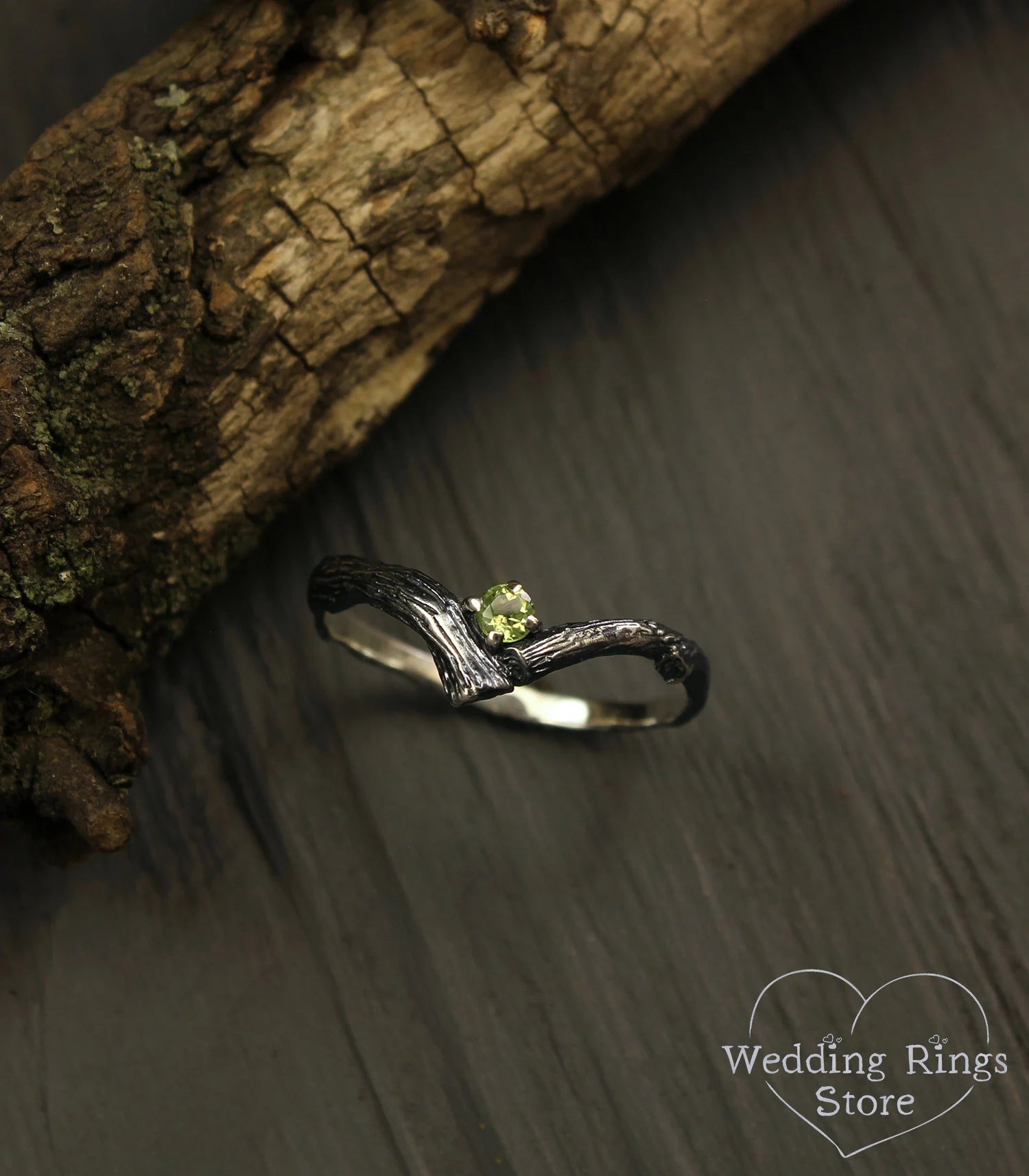 Tiny Twig Peridot Silver Chevron Engagement Ring