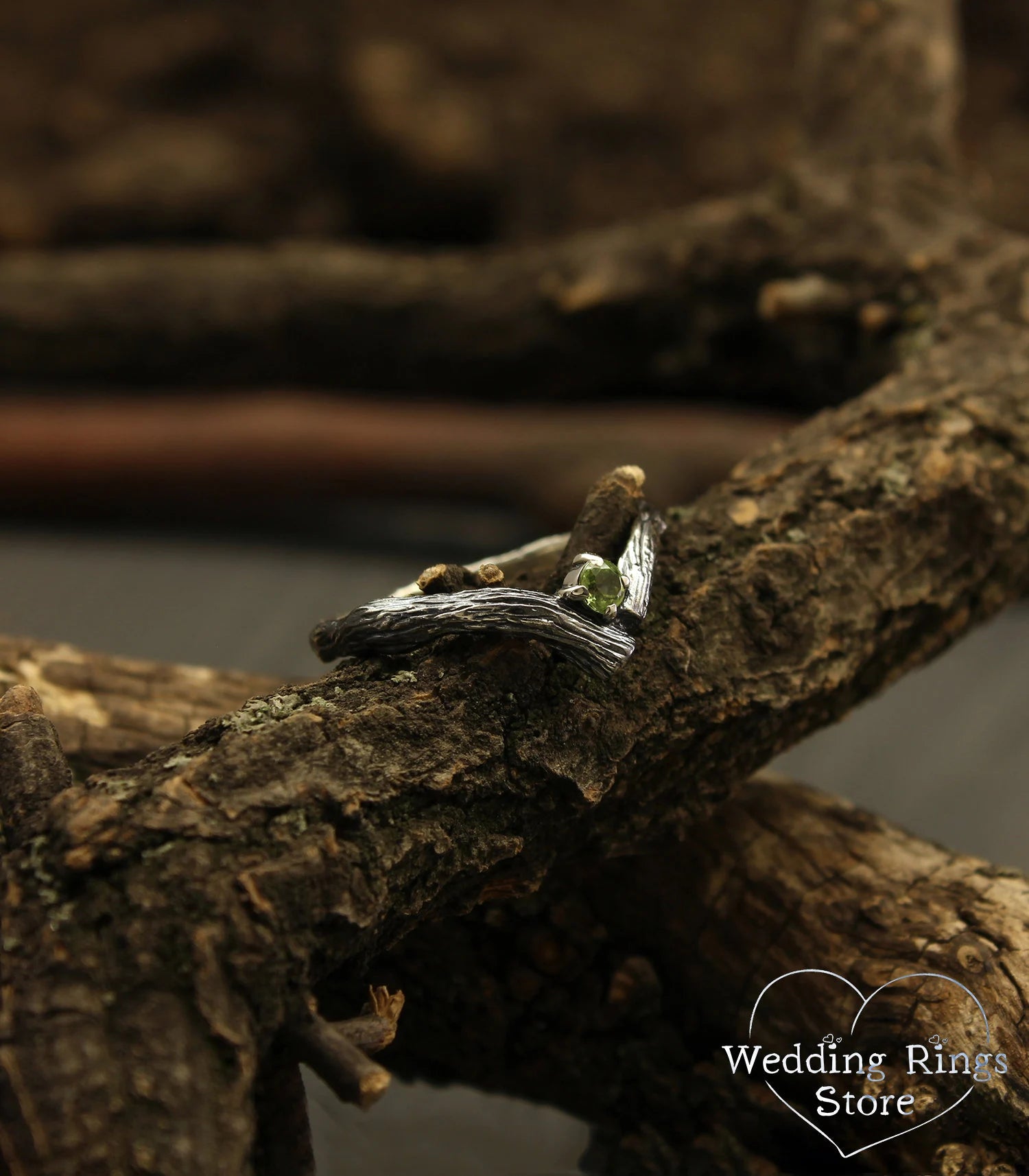 Tiny Twig Peridot Silver Chevron Engagement Ring